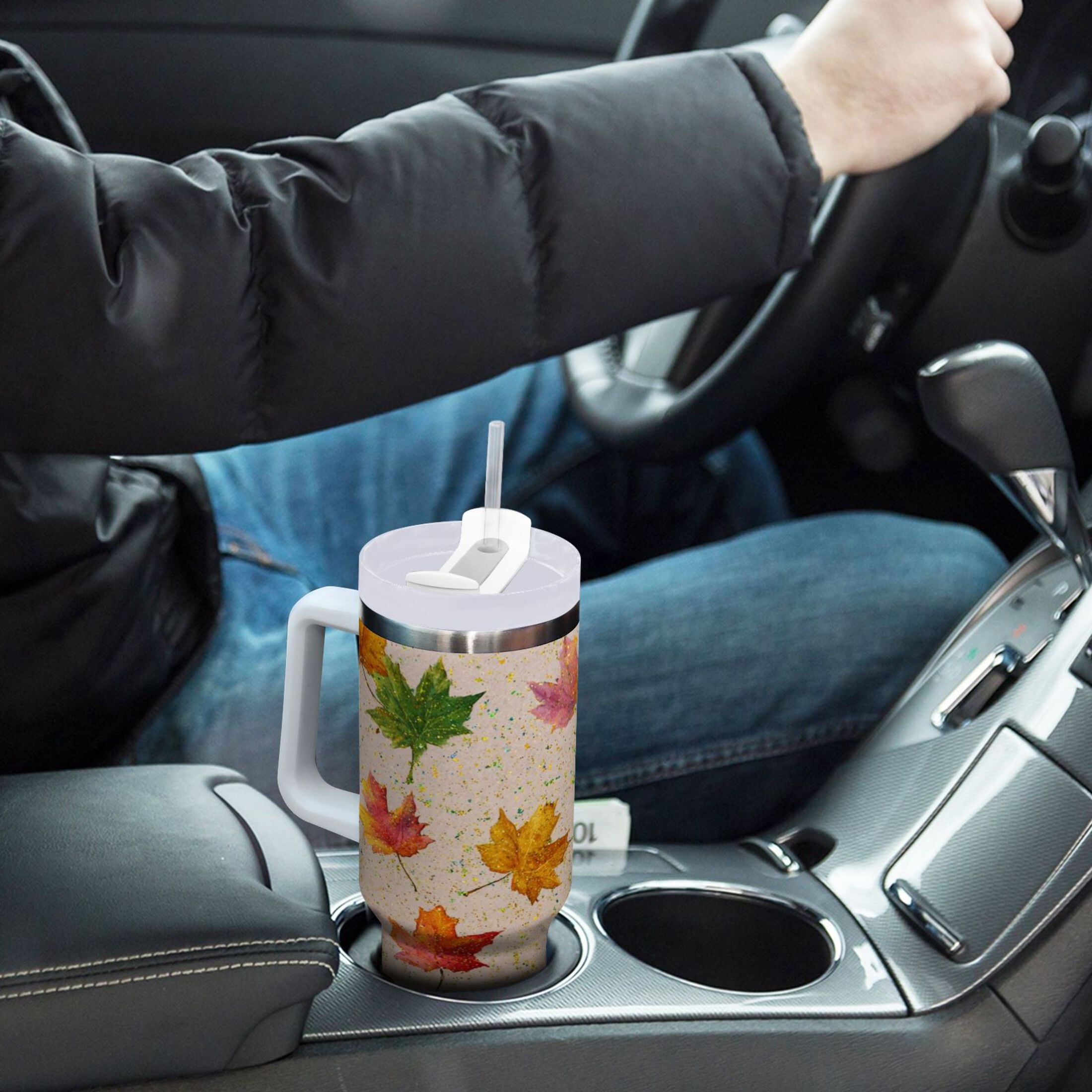 40 oz Insulated Stainless Steel Tumbler Double Wall Stainless Steel Tumbler with 2-Way Drinking Colored Autumn Leaves K6AA