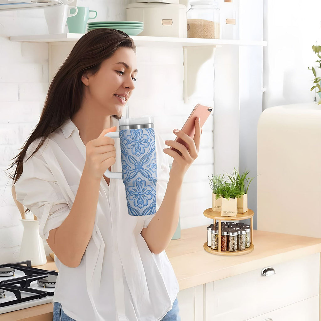 30 oz Insulated Stainless Steel Tumbler Double Wall Stainless Steel Tumbler with 2-Way Drinking Blue Elegant Geometric Design JKL5