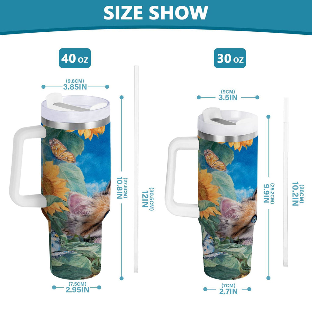 40 oz Insulated Stainless Steel Tumbler Double Wall Stainless Steel Tumbler with 2-Way Drinking Playful Cat Lying Sunflowers NCK5