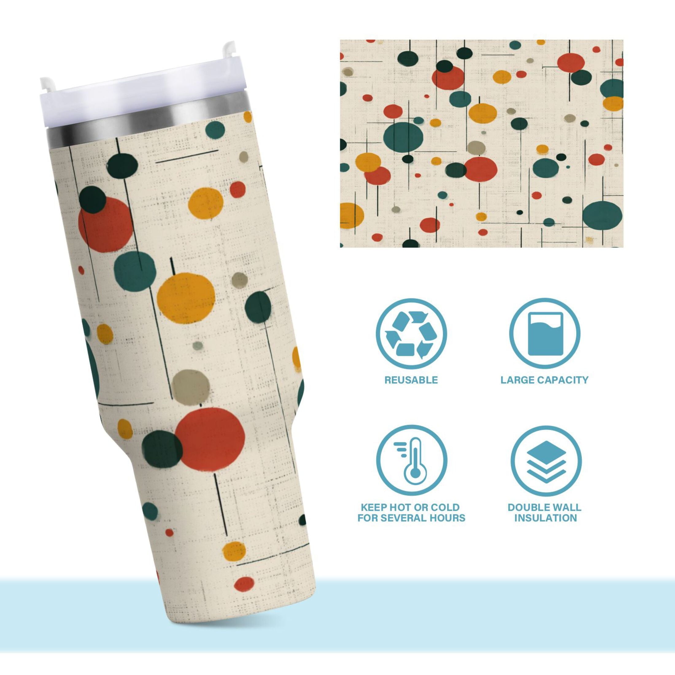 30 oz Insulated Stainless Steel Tumbler Double Wall Stainless Steel Tumbler with 2-Way Drinking Colorful Dots and Lines M92Y