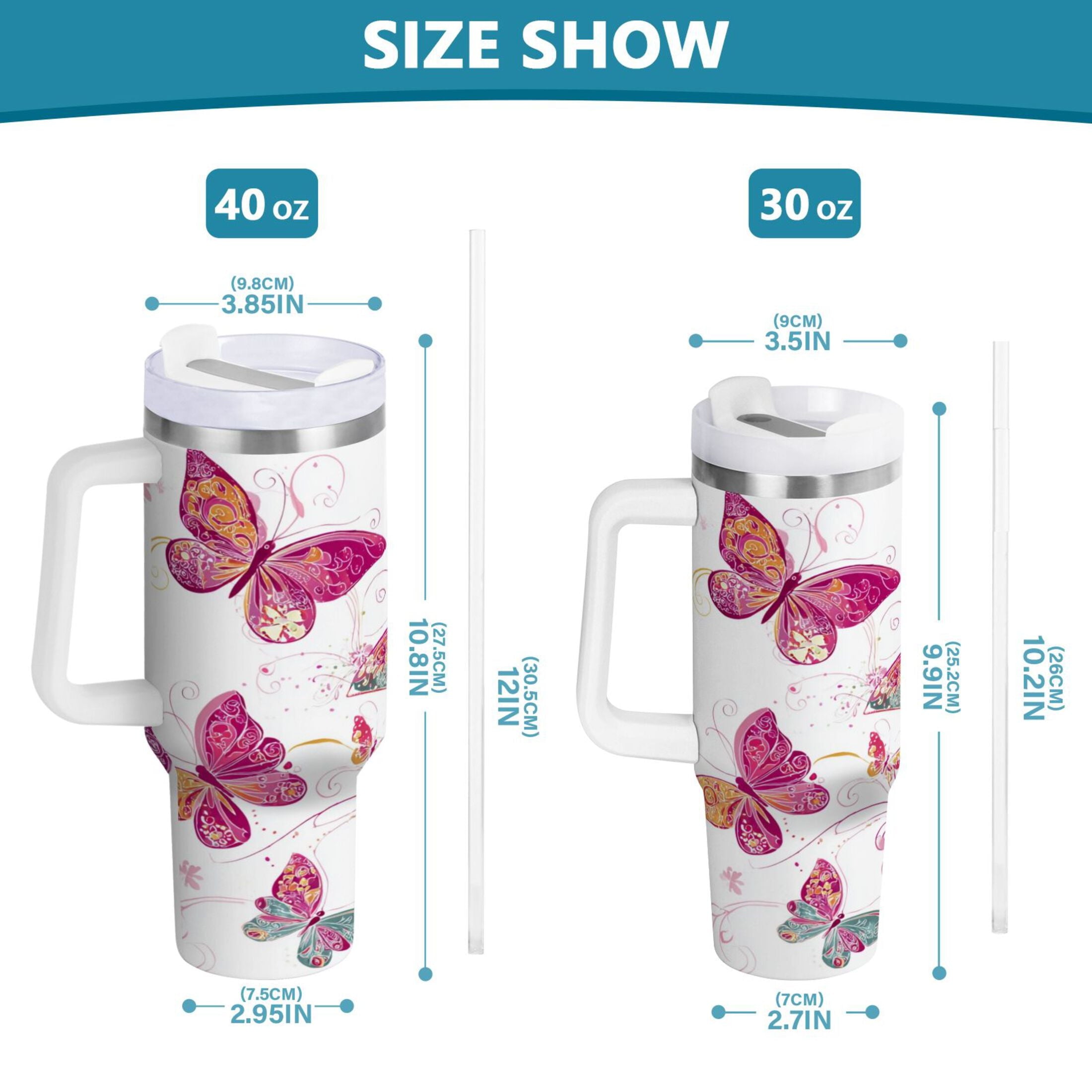 30 oz Insulated Stainless Steel Tumbler Double Wall Stainless Steel Tumbler with 2-Way Drinking Colorful Butterflies 25QE