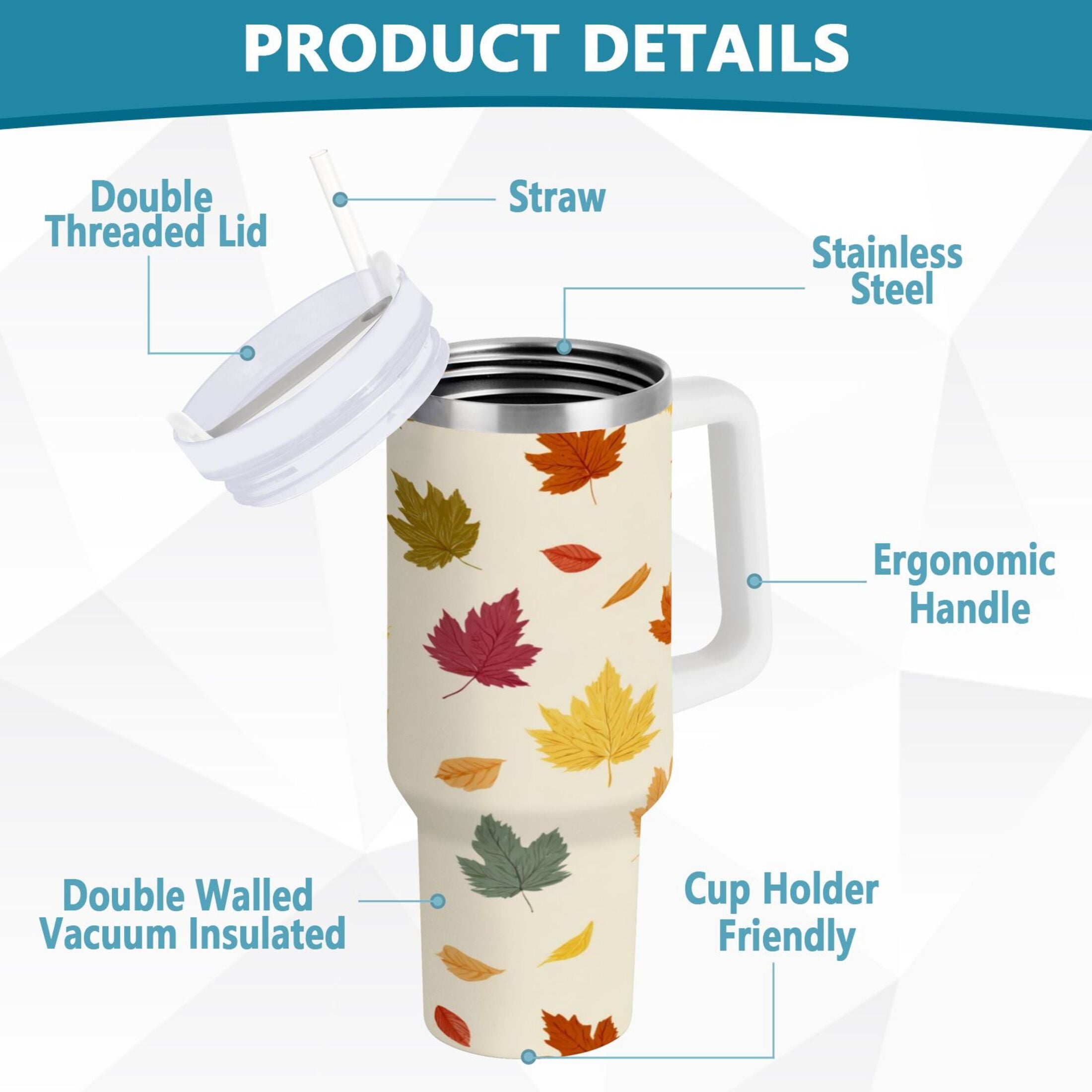 40 oz Insulated Stainless Steel Tumbler Double Wall Stainless Steel Tumbler with 2-Way Drinking Colorful Autumn Leaves Pattern AYTP