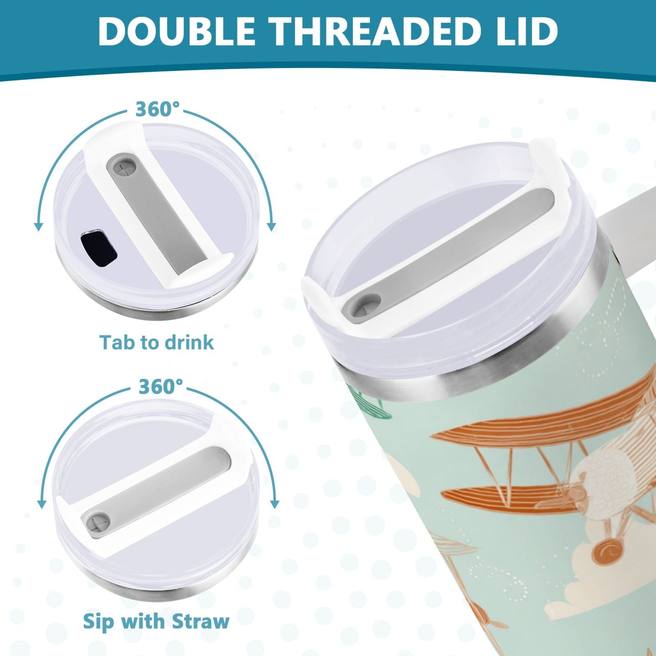 40 oz Insulated Stainless Steel Tumbler Double Wall Stainless Steel Tumbler with 2-Way Drinking Cute Airplanes 1AU4