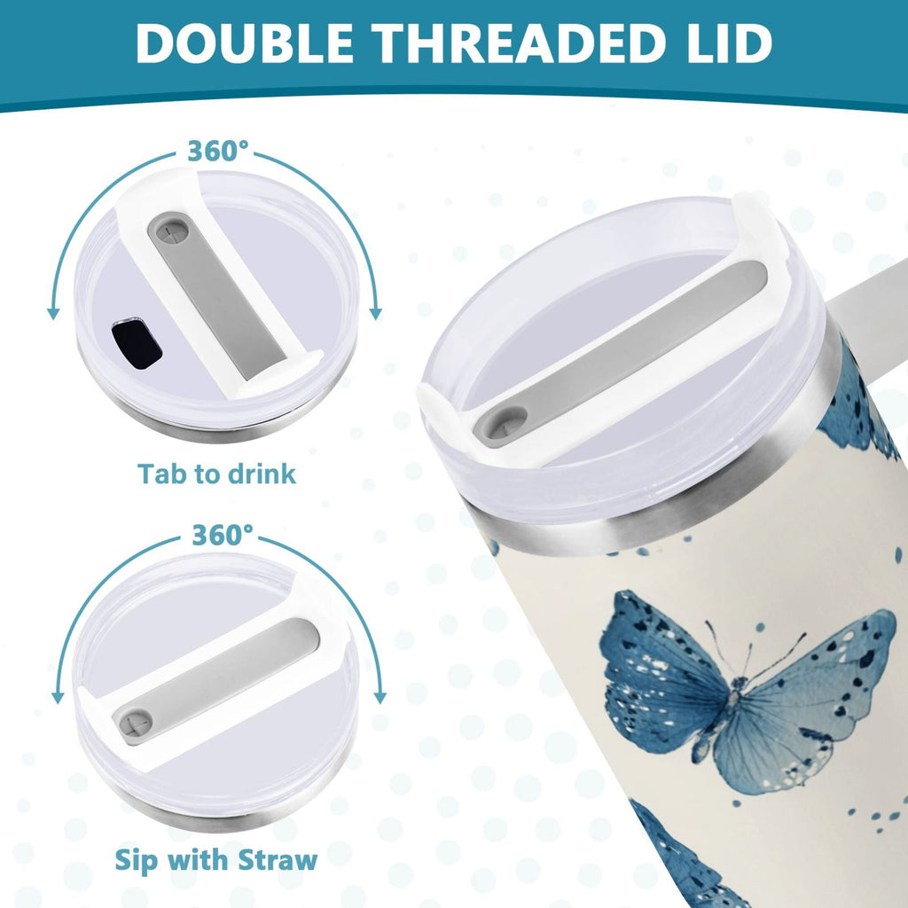 30 oz Insulated Stainless Steel Tumbler Double Wall Stainless Steel Tumbler with 2-Way Drinking Blue Watercolor Butterflies W47M