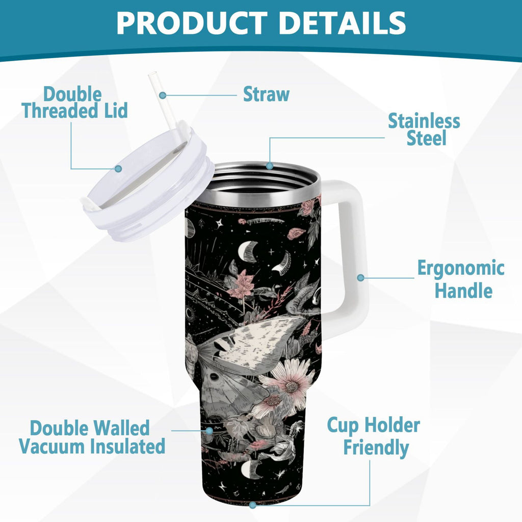 40 oz Insulated Stainless Steel Tumbler Double Wall Stainless Steel Tumbler with 2-Way Drinking Butterfly Surrounded by Flowers YG23