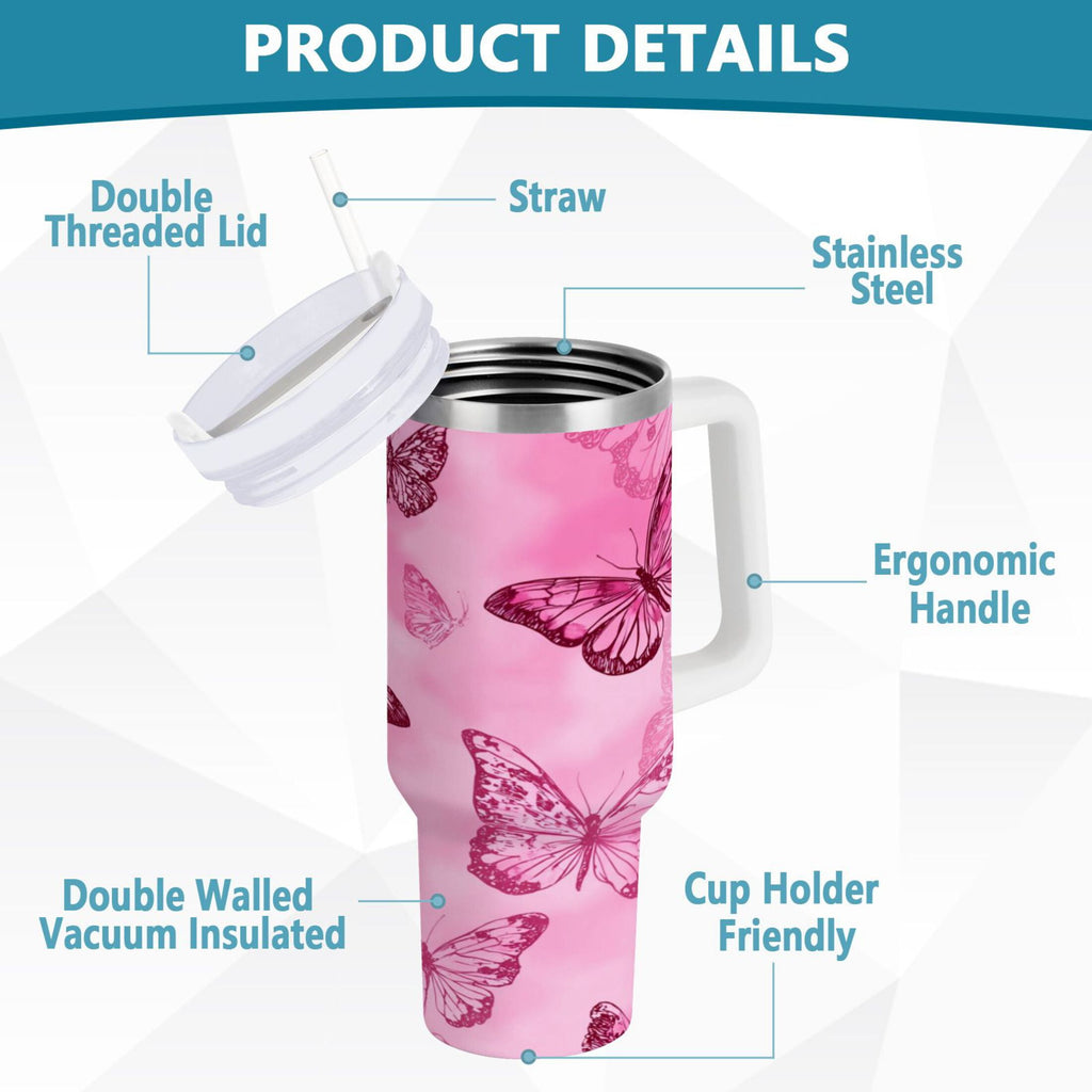40 oz Insulated Stainless Steel Tumbler Double Wall Stainless Steel Tumbler with 2-Way Drinking Pink Butterfly Pattern GWES