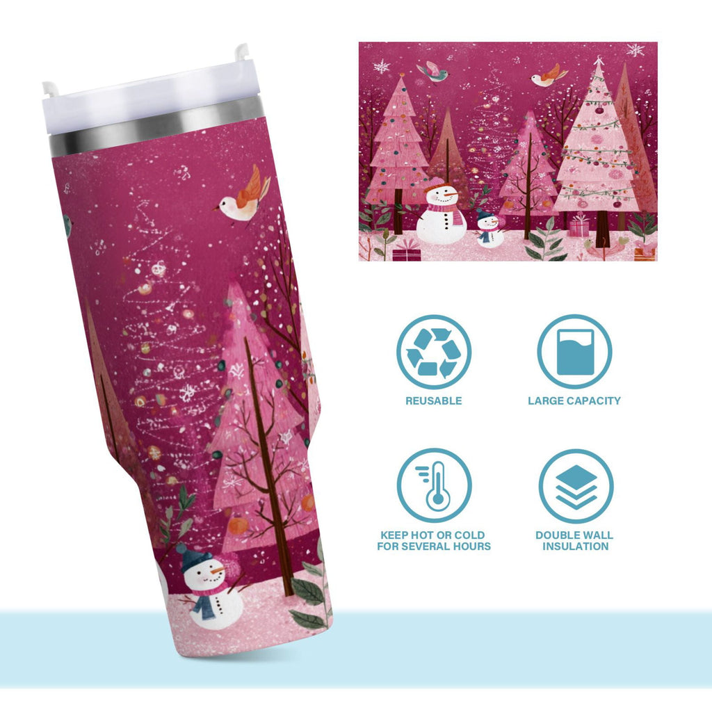 40 oz Insulated Stainless Steel Tumbler Double Wall Stainless Steel Tumbler with 2-Way Drinking Pink Christmas Forest 79HZ