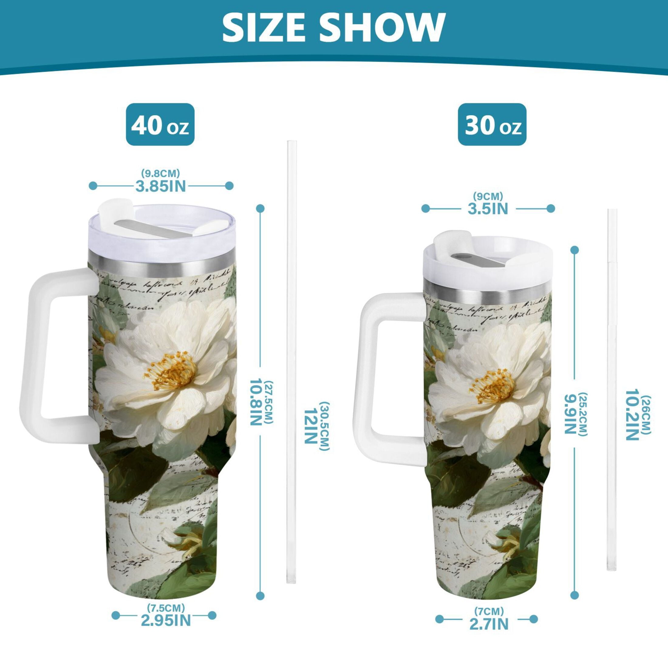 40 oz Insulated Stainless Steel Tumbler Double Wall Stainless Steel Tumbler with 2-Way Drinking Vintage White Camellias IBPN