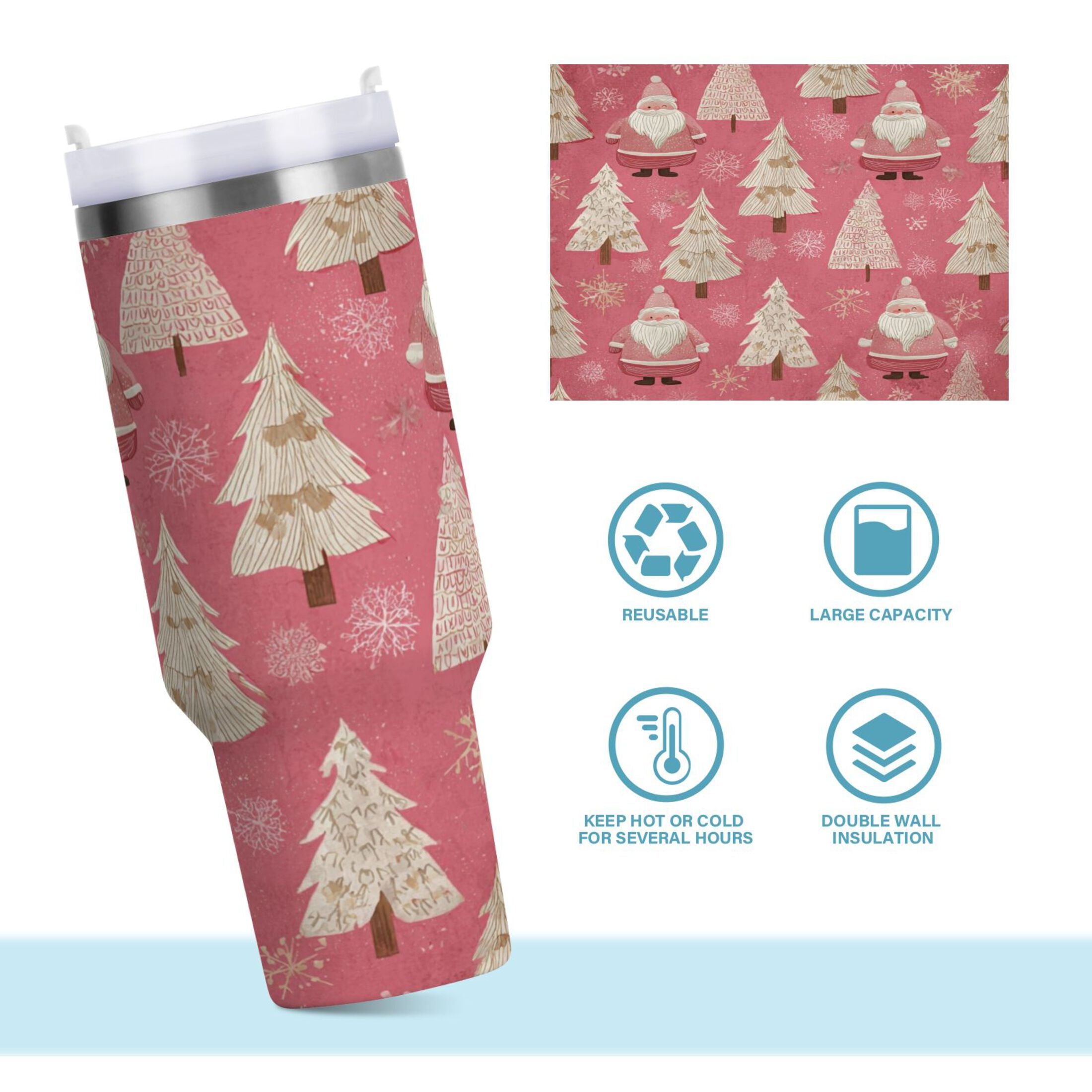 40 oz Insulated Stainless Steel Tumbler Double Wall Stainless Steel Tumbler with 2-Way Drinking Pink Santa Claus Pattern 5XYO