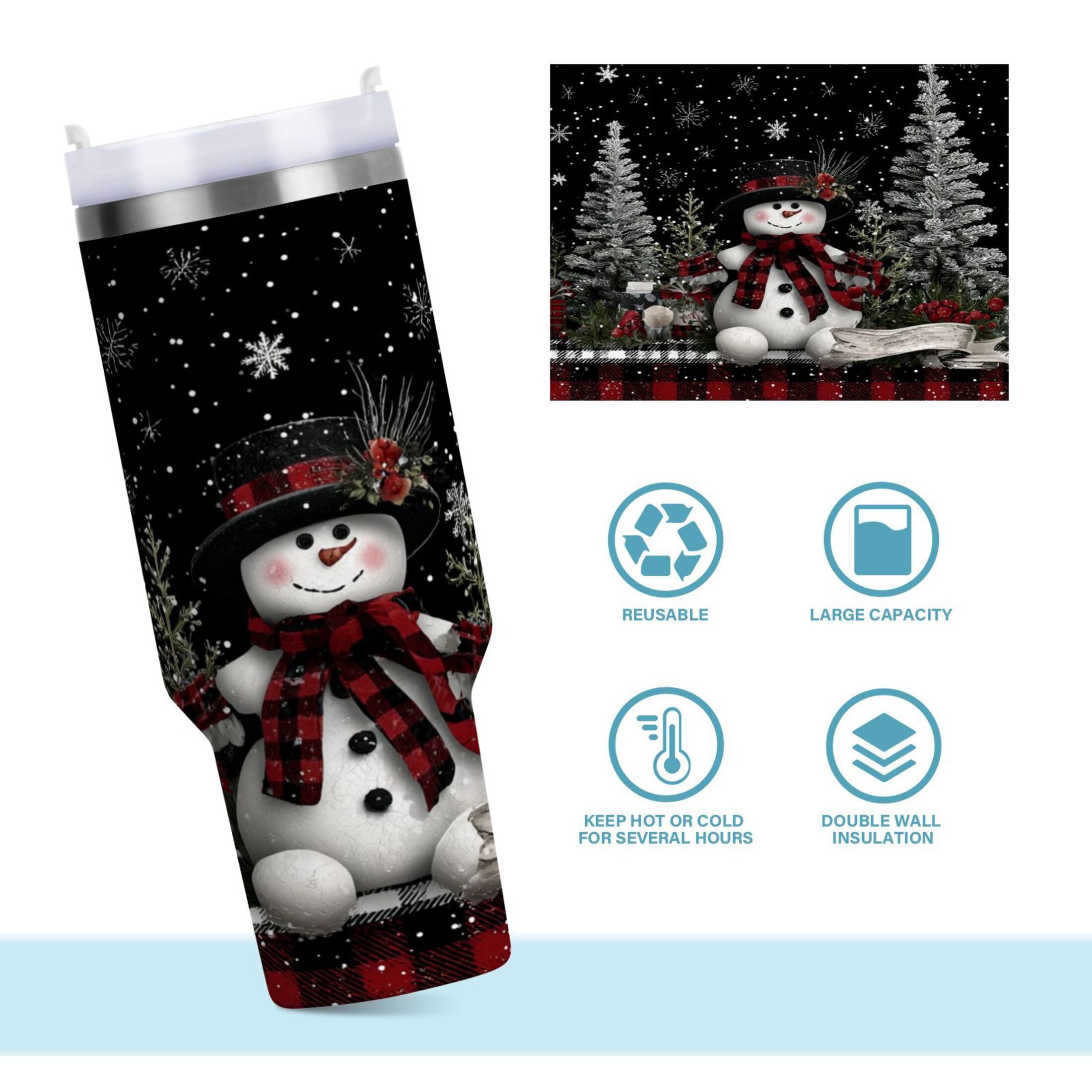 30 oz Insulated Stainless Steel Tumbler Double Wall Stainless Steel Tumbler with 2-Way Drinking Christmas Snowman KLGM
