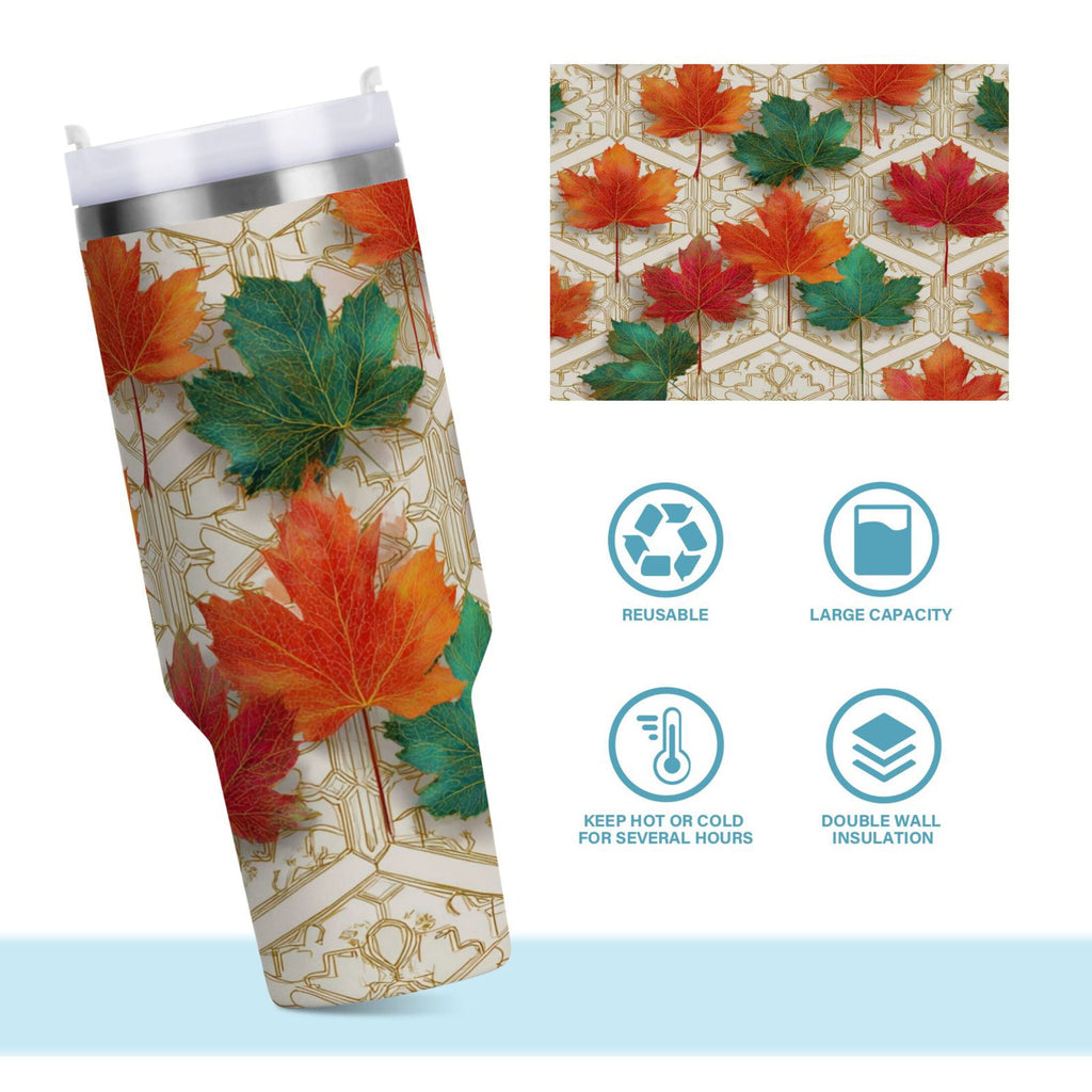 30 oz Insulated Stainless Steel Tumbler Double Wall Stainless Steel Tumbler with 2-Way Drinking Green and Red Maple Leaves YH59