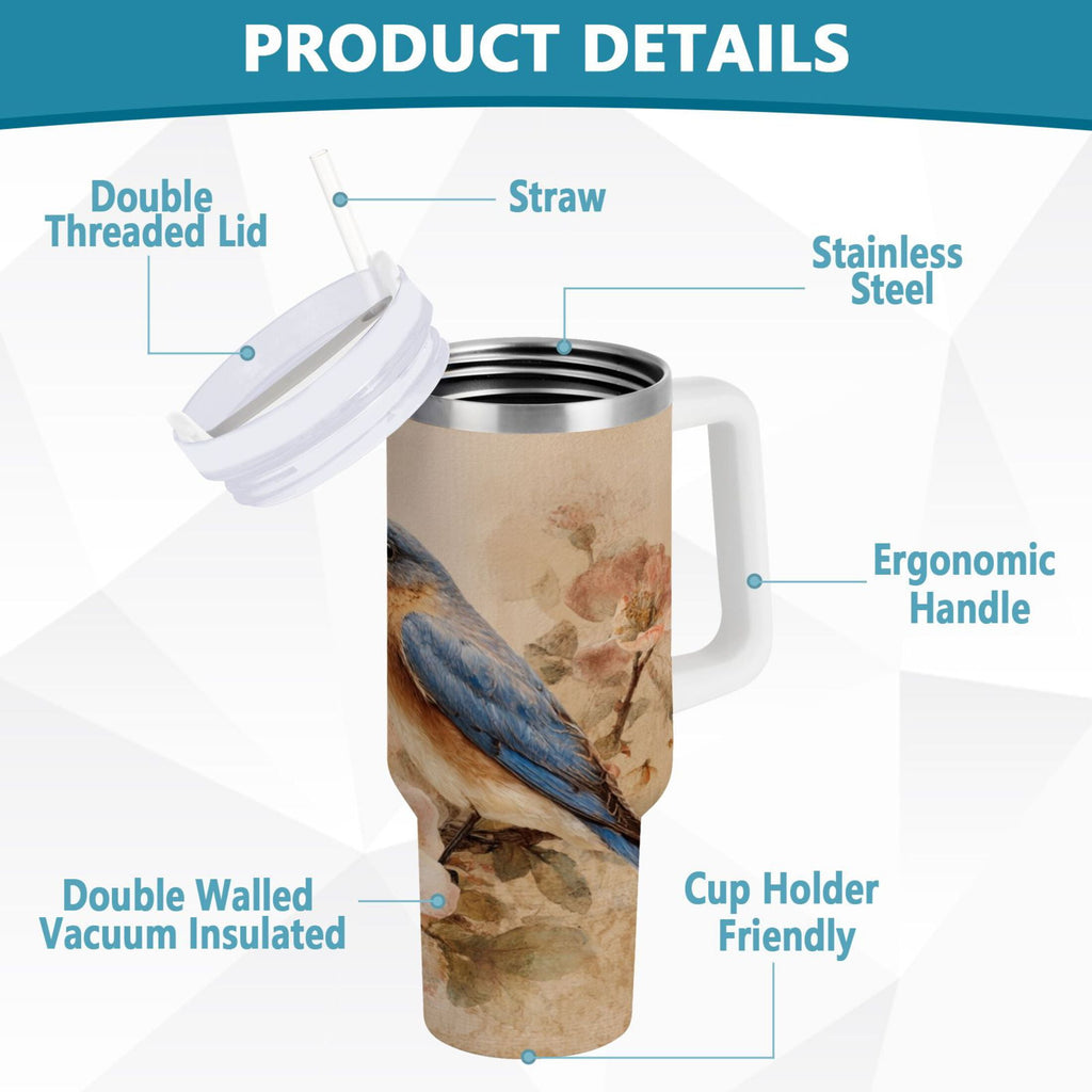 40 oz Insulated Stainless Steel Tumbler Double Wall Stainless Steel Tumbler with 2-Way Drinking Bluebird and Ancient Flowers ISGB