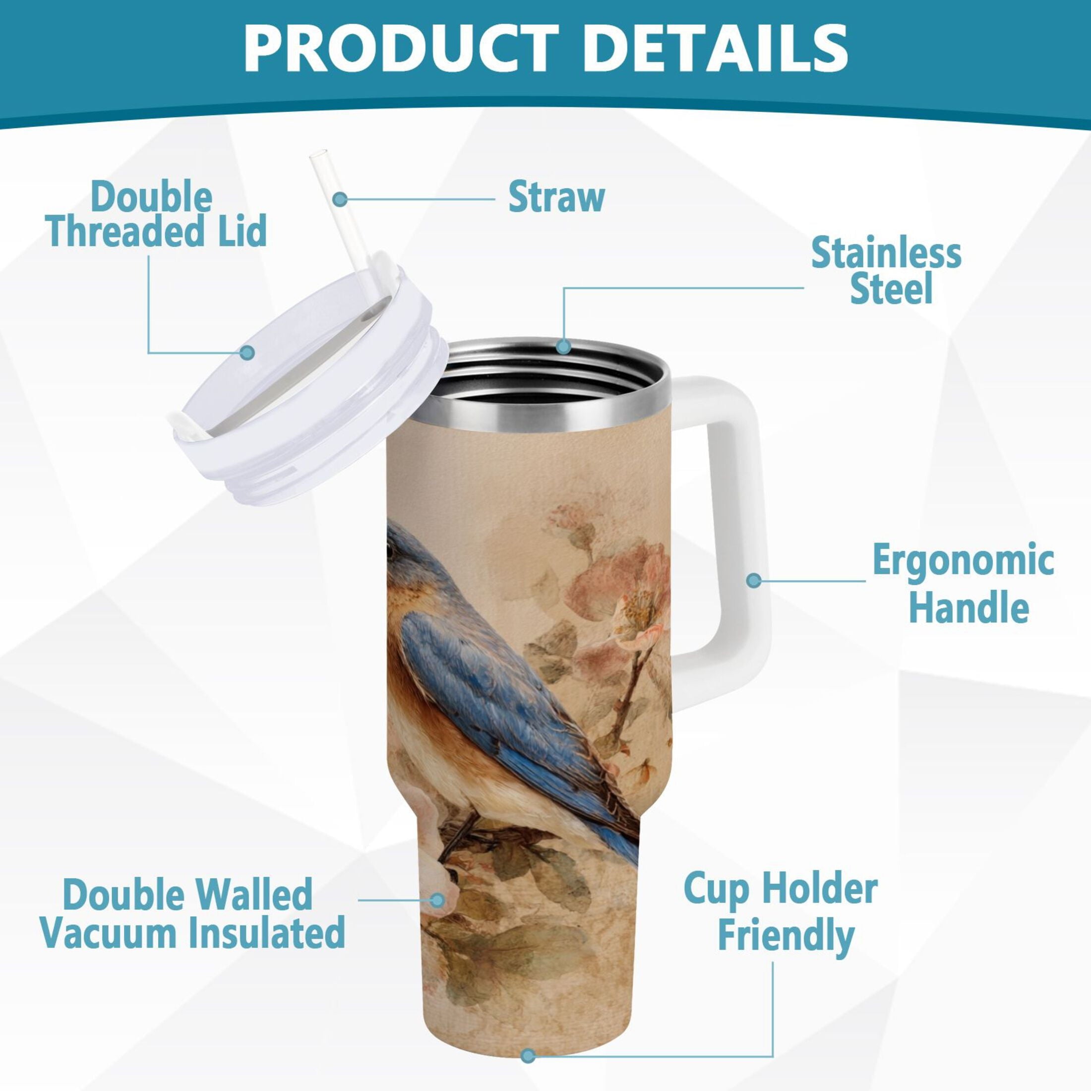 40 oz Insulated Stainless Steel Tumbler Double Wall Stainless Steel Tumbler with 2-Way Drinking Bluebird and Ancient Flowers ISGB