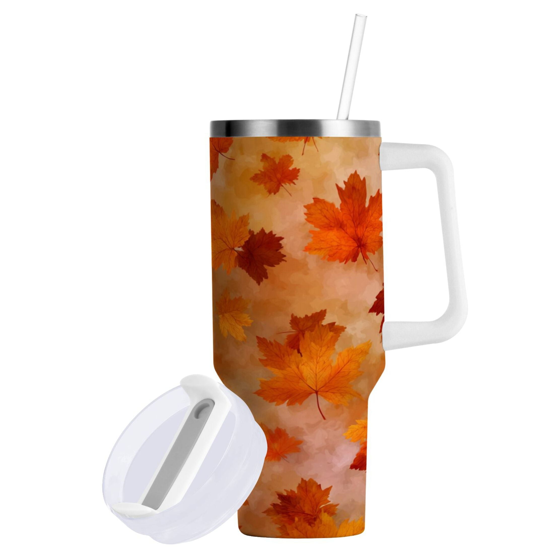 40 oz Insulated Stainless Steel Tumbler Double Wall Stainless Steel Tumbler with 2-Way Drinking Orange and Brown Autumn Leaves A90A