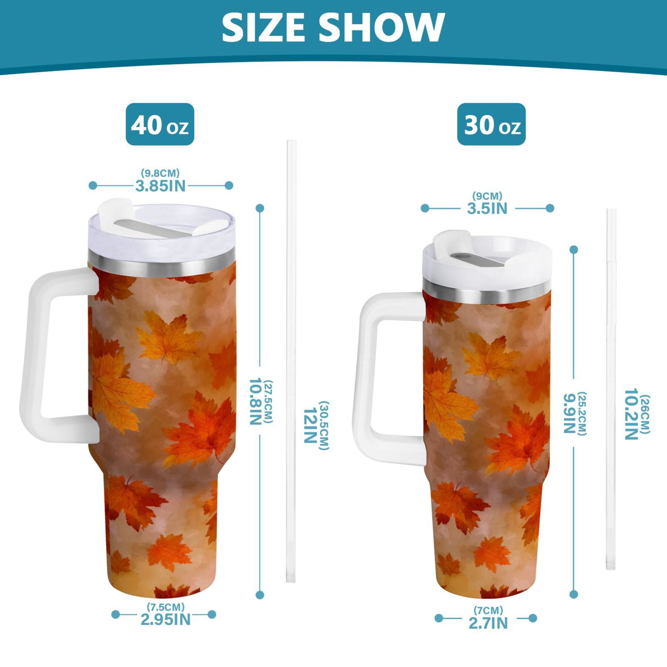 40 oz Insulated Stainless Steel Tumbler Double Wall Stainless Steel Tumbler with 2-Way Drinking Orange and Brown Autumn Leaves A90A