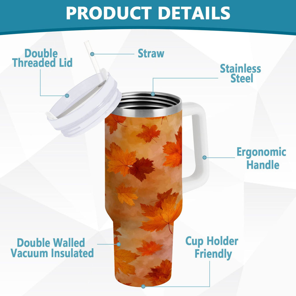 40 oz Insulated Stainless Steel Tumbler Double Wall Stainless Steel Tumbler with 2-Way Drinking Orange and Brown Autumn Leaves A90A