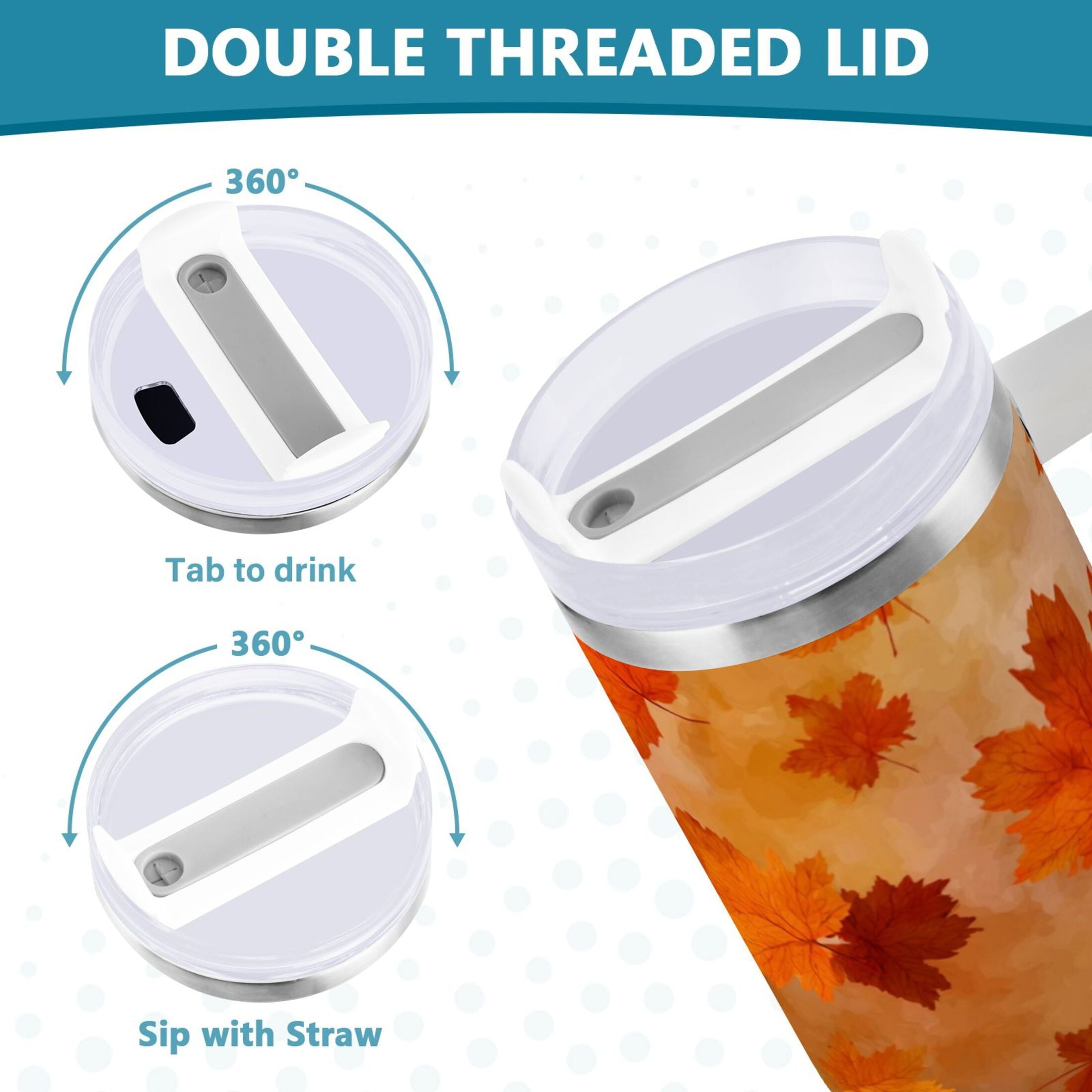 40 oz Insulated Stainless Steel Tumbler Double Wall Stainless Steel Tumbler with 2-Way Drinking Orange and Brown Autumn Leaves A90A