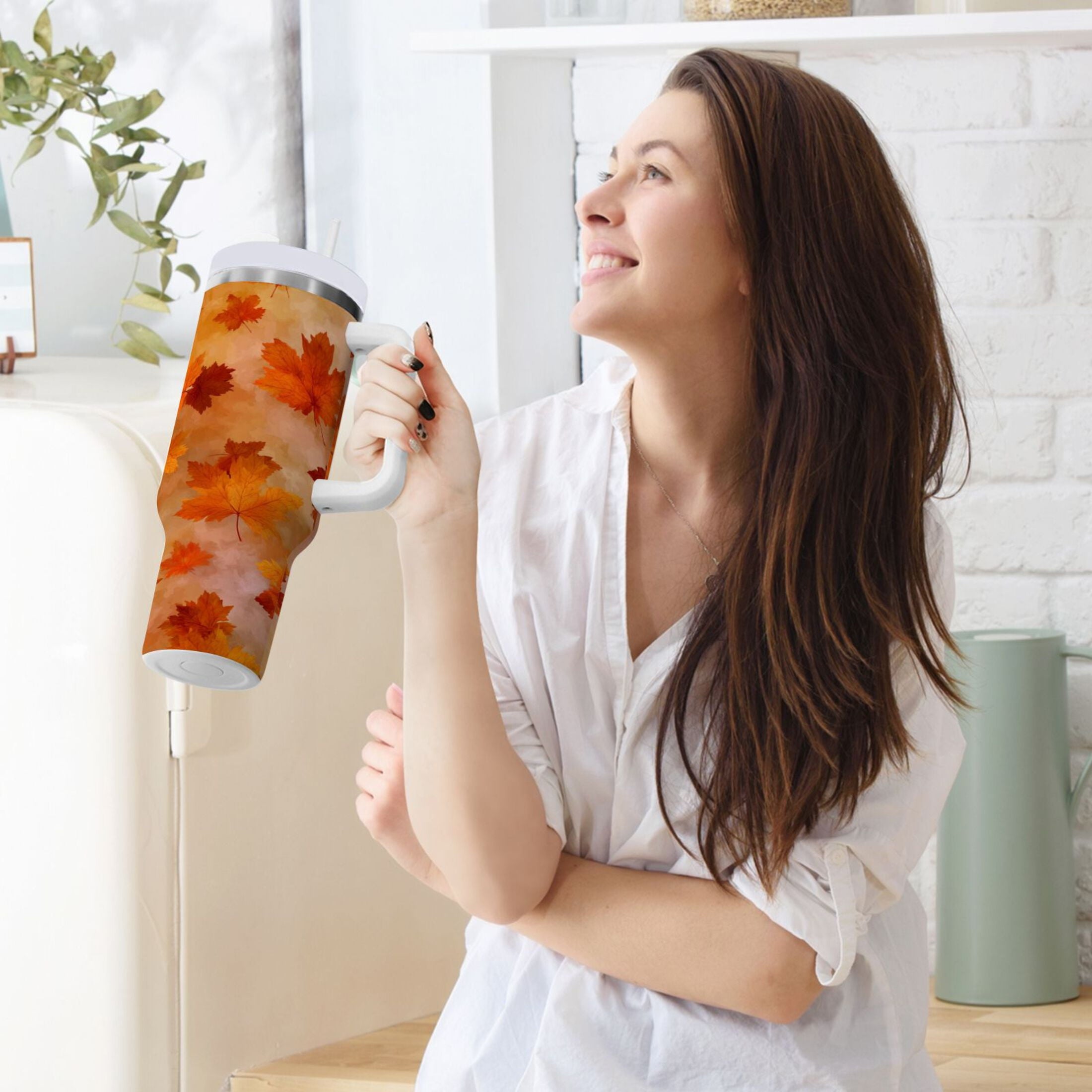 40 oz Insulated Stainless Steel Tumbler Double Wall Stainless Steel Tumbler with 2-Way Drinking Orange and Brown Autumn Leaves A90A