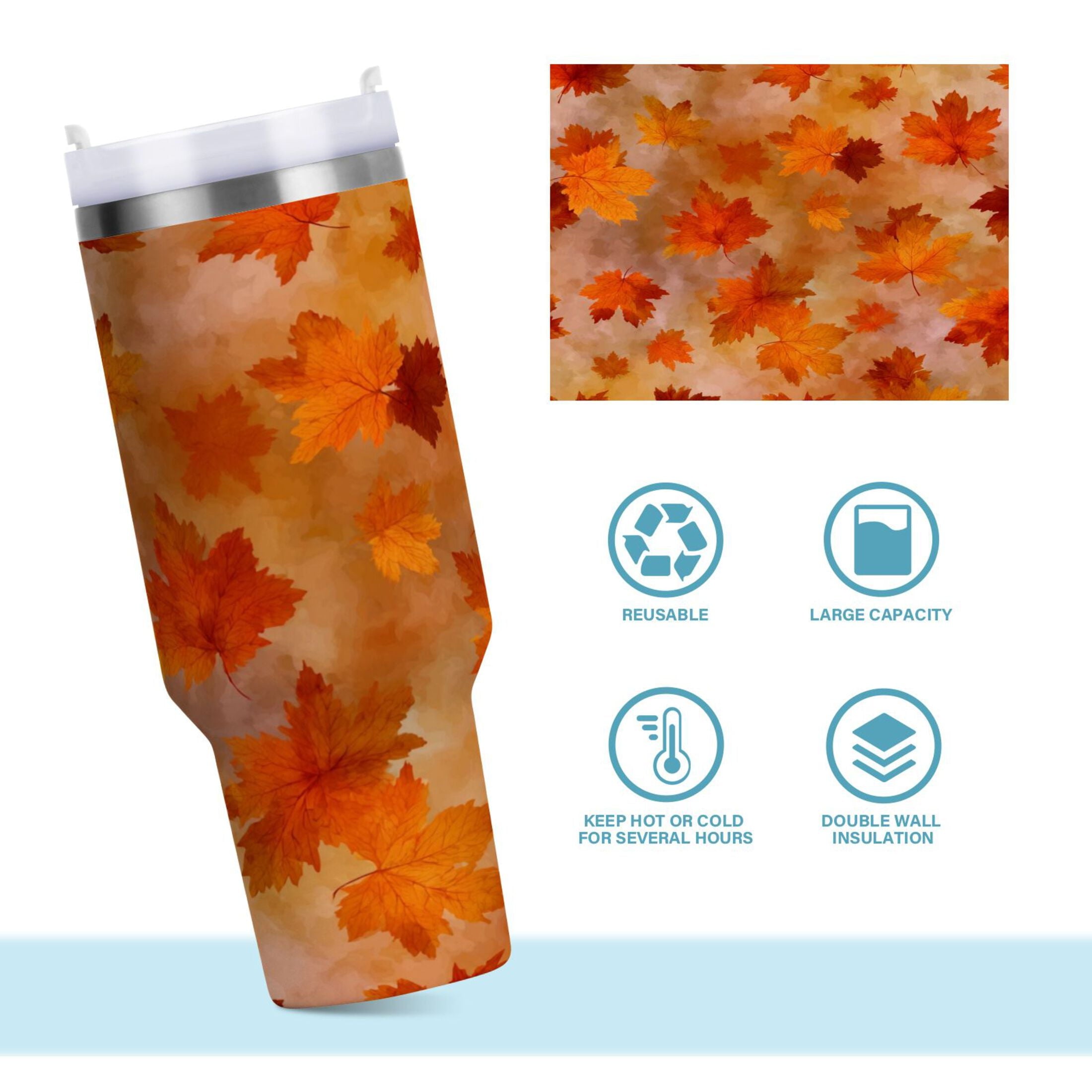 40 oz Insulated Stainless Steel Tumbler Double Wall Stainless Steel Tumbler with 2-Way Drinking Orange and Brown Autumn Leaves A90A
