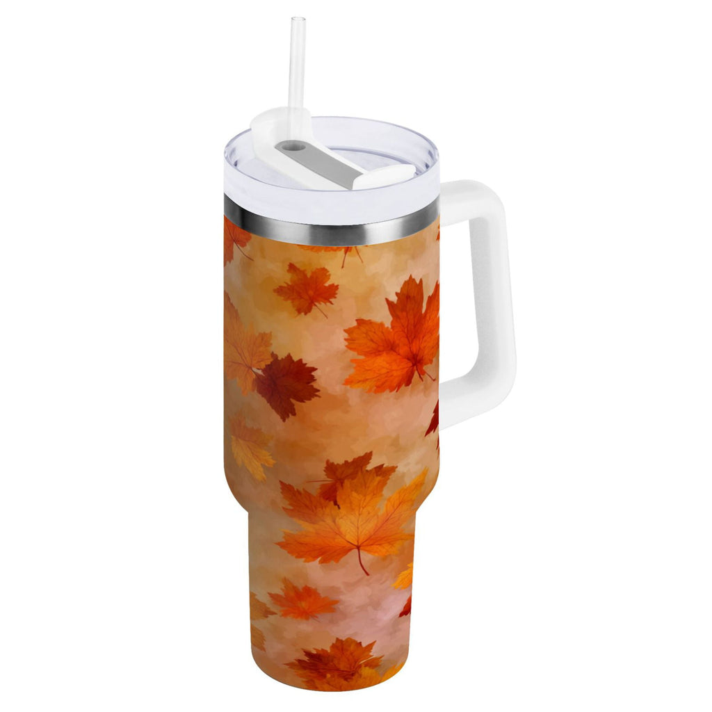 40 oz Insulated Stainless Steel Tumbler Double Wall Stainless Steel Tumbler with 2-Way Drinking Orange and Brown Autumn Leaves A90A
