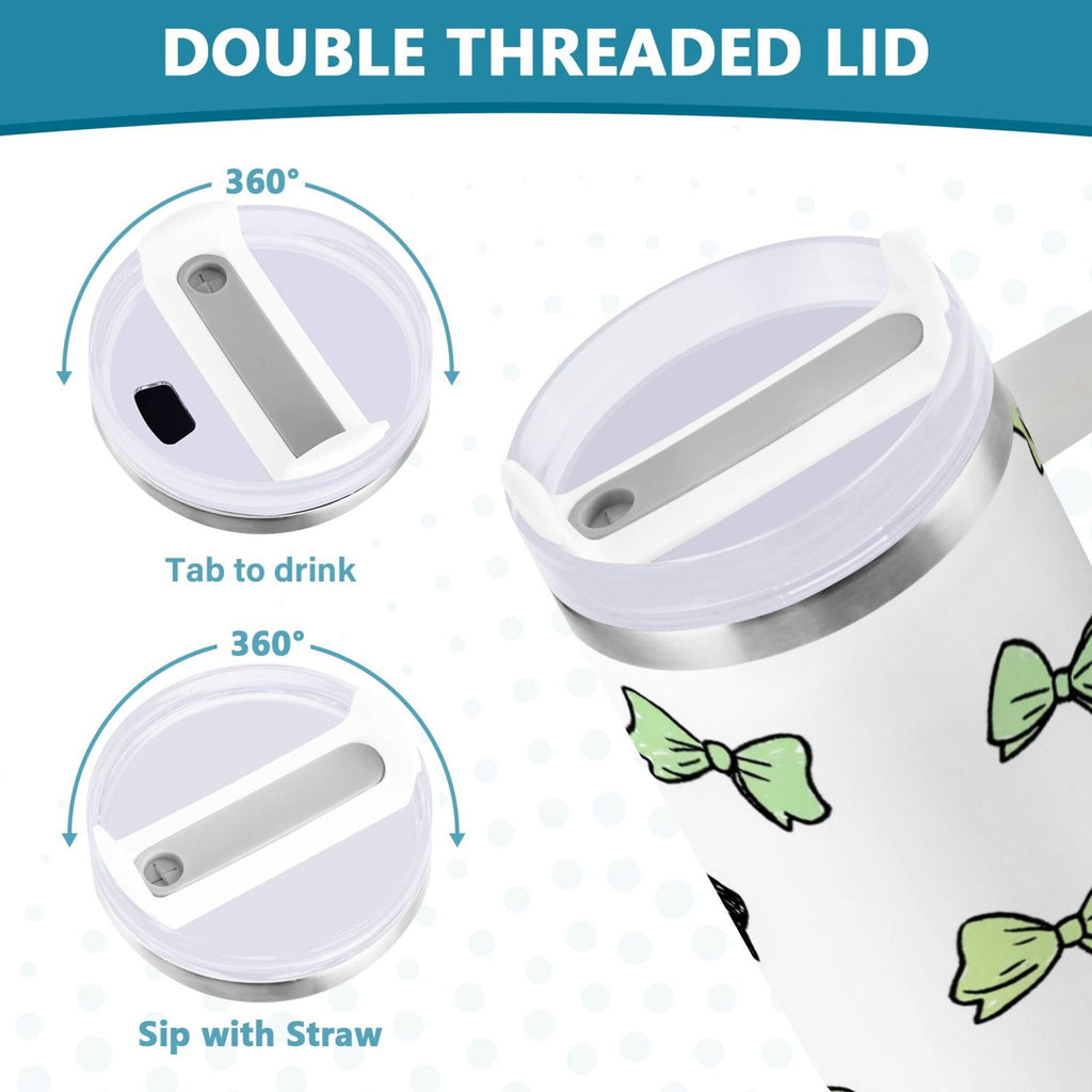 40 oz Insulated Stainless Steel Tumbler Double Wall Stainless Steel Tumbler with 2-Way Drinking Green and Black Bows OSXC