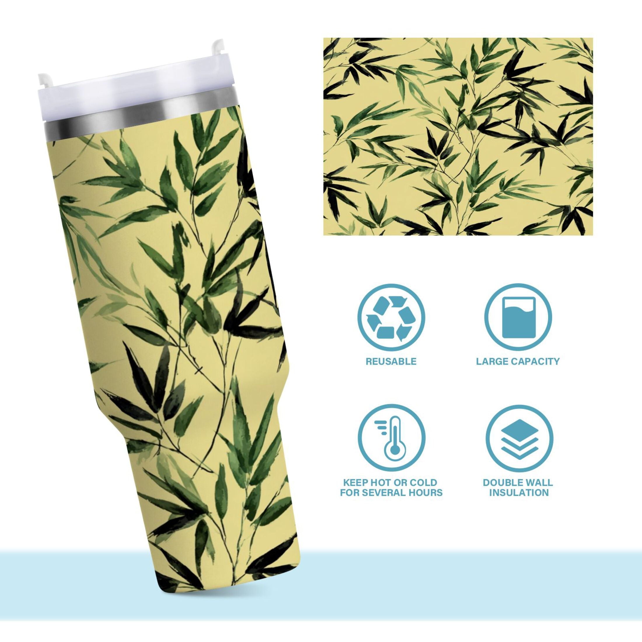 30 oz Insulated Stainless Steel Tumbler Double Wall Stainless Steel Tumbler with 2-Way Drinking Bamboo and Green Leaves 1GIA
