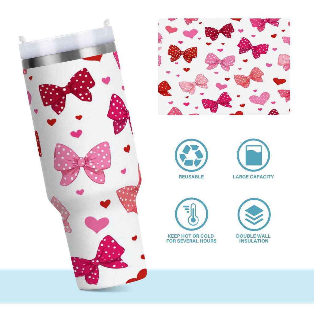 30 oz Insulated Stainless Steel Tumbler Double Wall Stainless Steel Tumbler with 2-Way Drinking Red and Pink Bows 7LBE