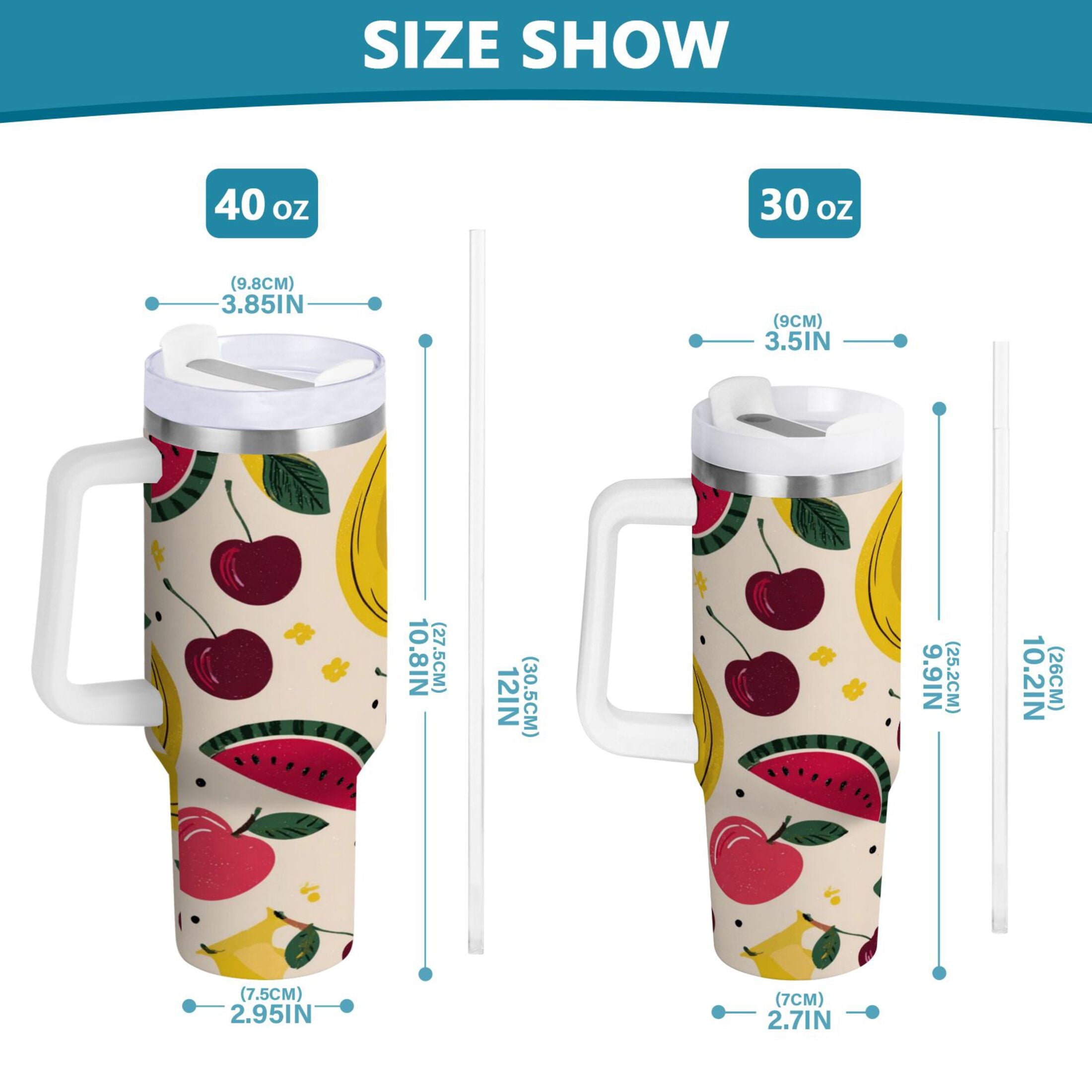 30 oz Insulated Stainless Steel Tumbler Double Wall Stainless Steel Tumbler with 2-Way Drinking Watermelon and Cherries WXK2