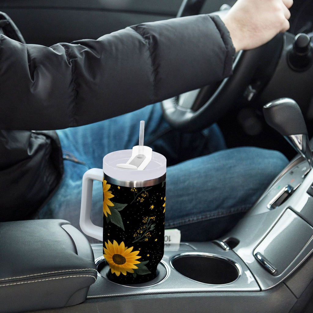 30 oz Insulated Stainless Steel Tumbler Double Wall Stainless Steel Tumbler with 2-Way Drinking Yellow Sunflower Pattern 0C16