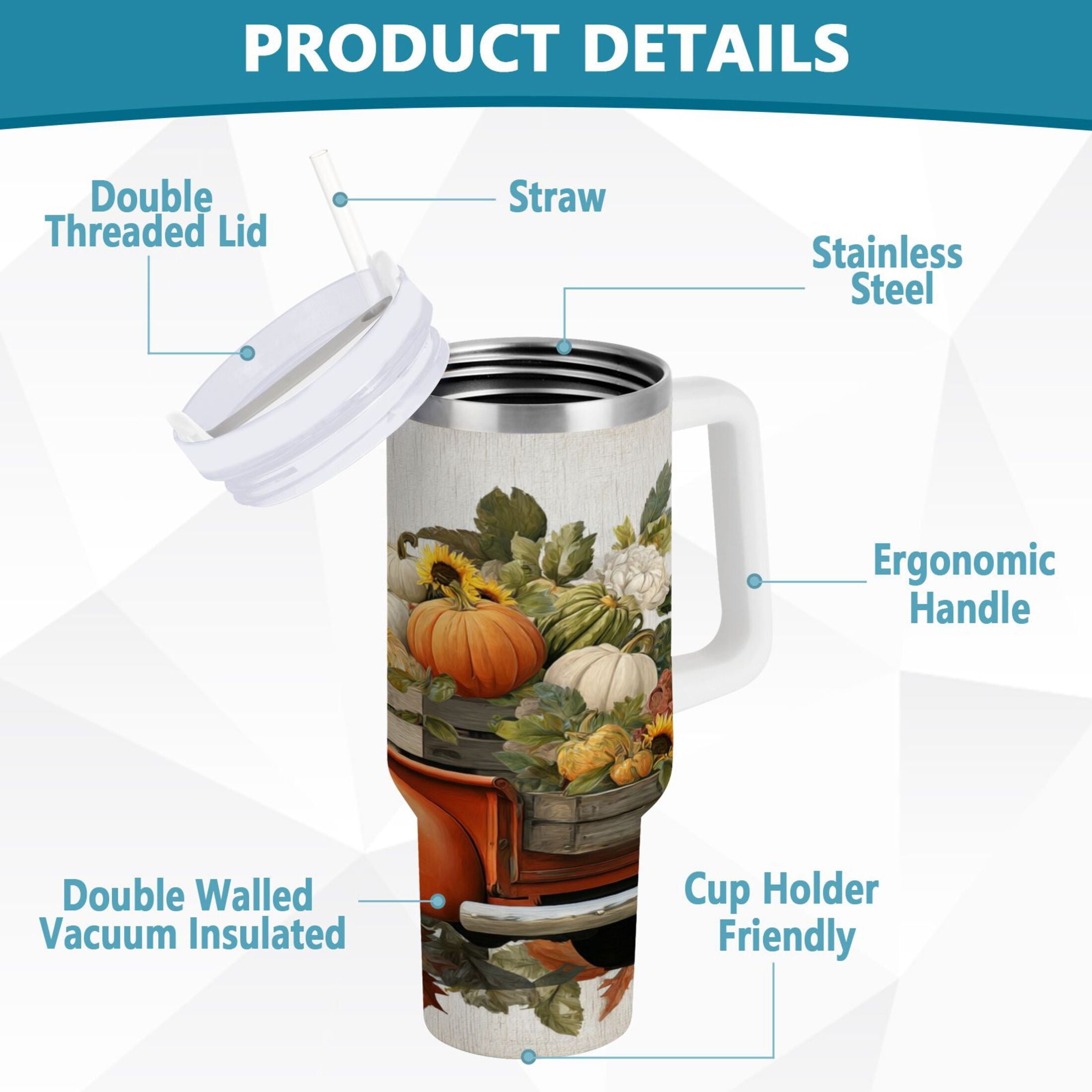 40 oz Insulated Stainless Steel Tumbler Double Wall Stainless Steel Tumbler with 2-Way Drinking Truck Full Of Pumpkins 1AJ5