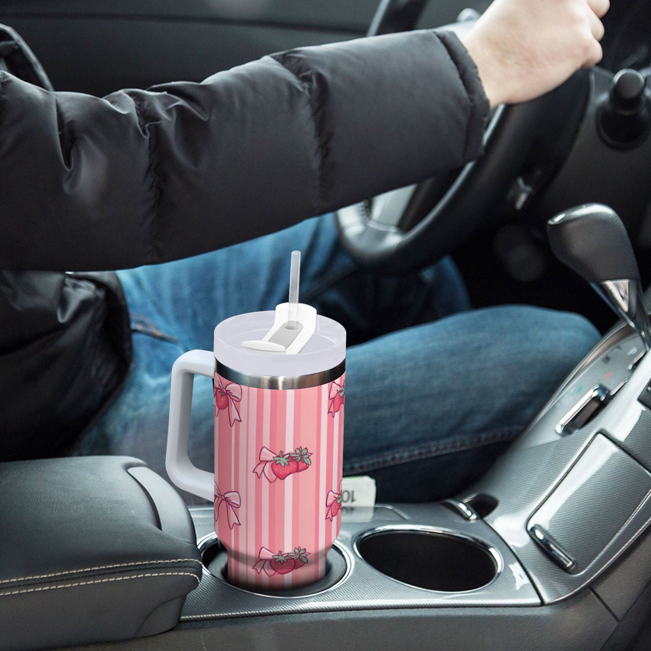 30 oz Insulated Stainless Steel Tumbler Double Wall Stainless Steel Tumbler with 2-Way Drinking Pink Bows and Strawberries RGCS