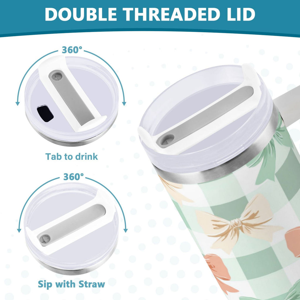 40 oz Insulated Stainless Steel Tumbler Double Wall Stainless Steel Tumbler with 2-Way Drinking Green and Peach Bow Pattern 85MI