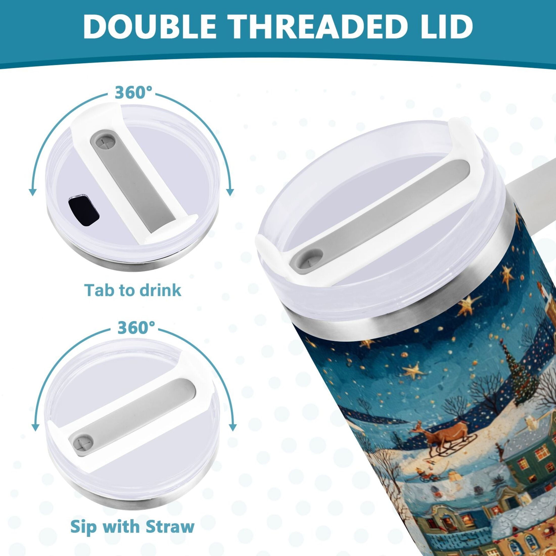 30 oz Insulated Stainless Steel Tumbler Double Wall Stainless Steel Tumbler with 2-Way Drinking Whimsical Christmas Scene WG28