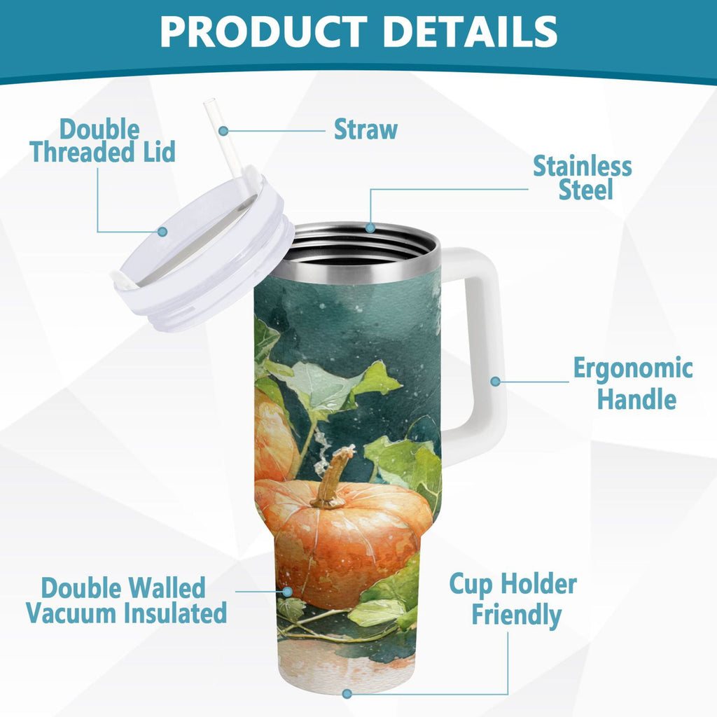 40 oz Insulated Stainless Steel Tumbler Double Wall Stainless Steel Tumbler with 2-Way Drinking Orange and White Pumpkins Y465