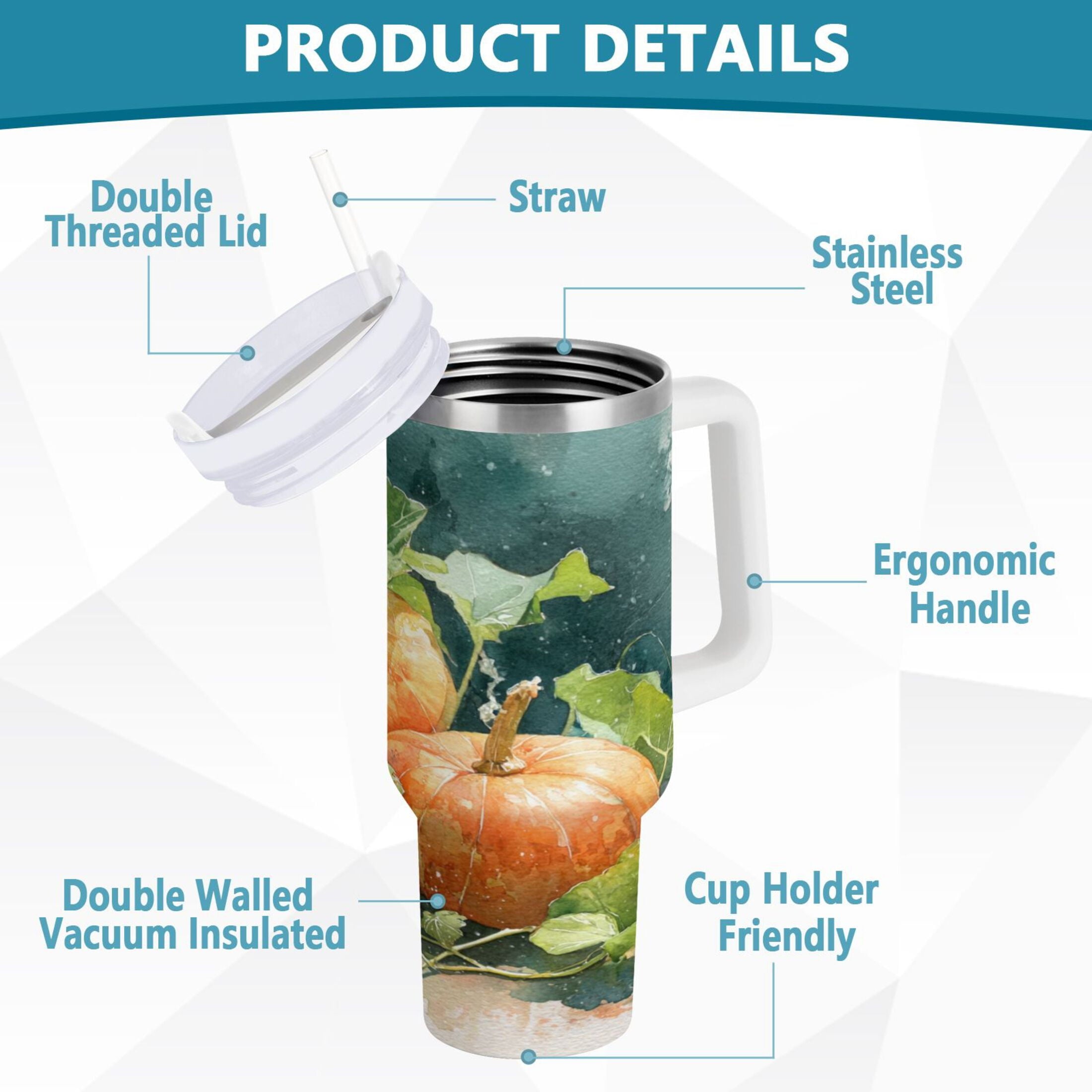 40 oz Insulated Stainless Steel Tumbler Double Wall Stainless Steel Tumbler with 2-Way Drinking Orange and White Pumpkins Y465