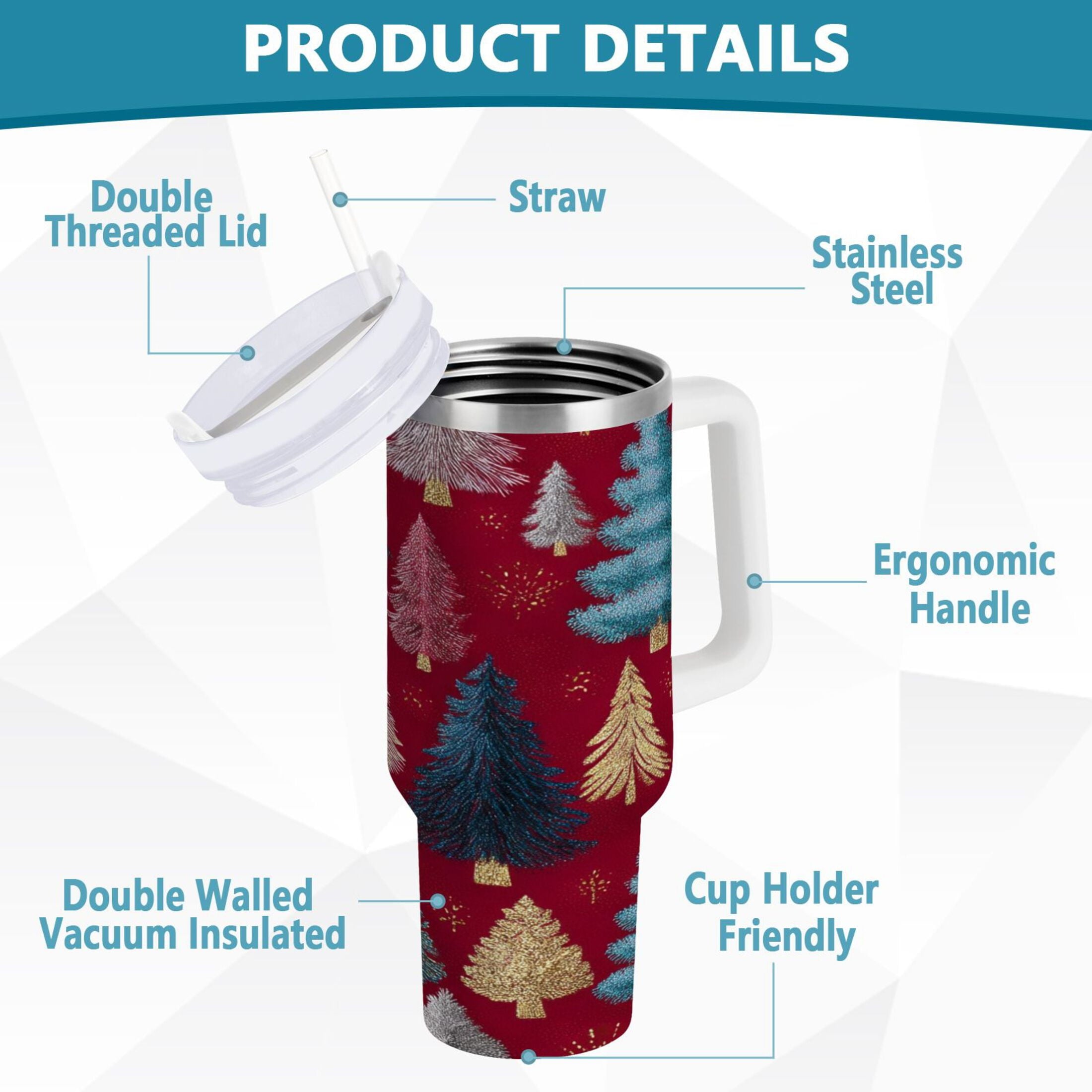 30 oz Insulated Stainless Steel Tumbler Double Wall Stainless Steel Tumbler with 2-Way Drinking Stylized Christmas Trees GO5O