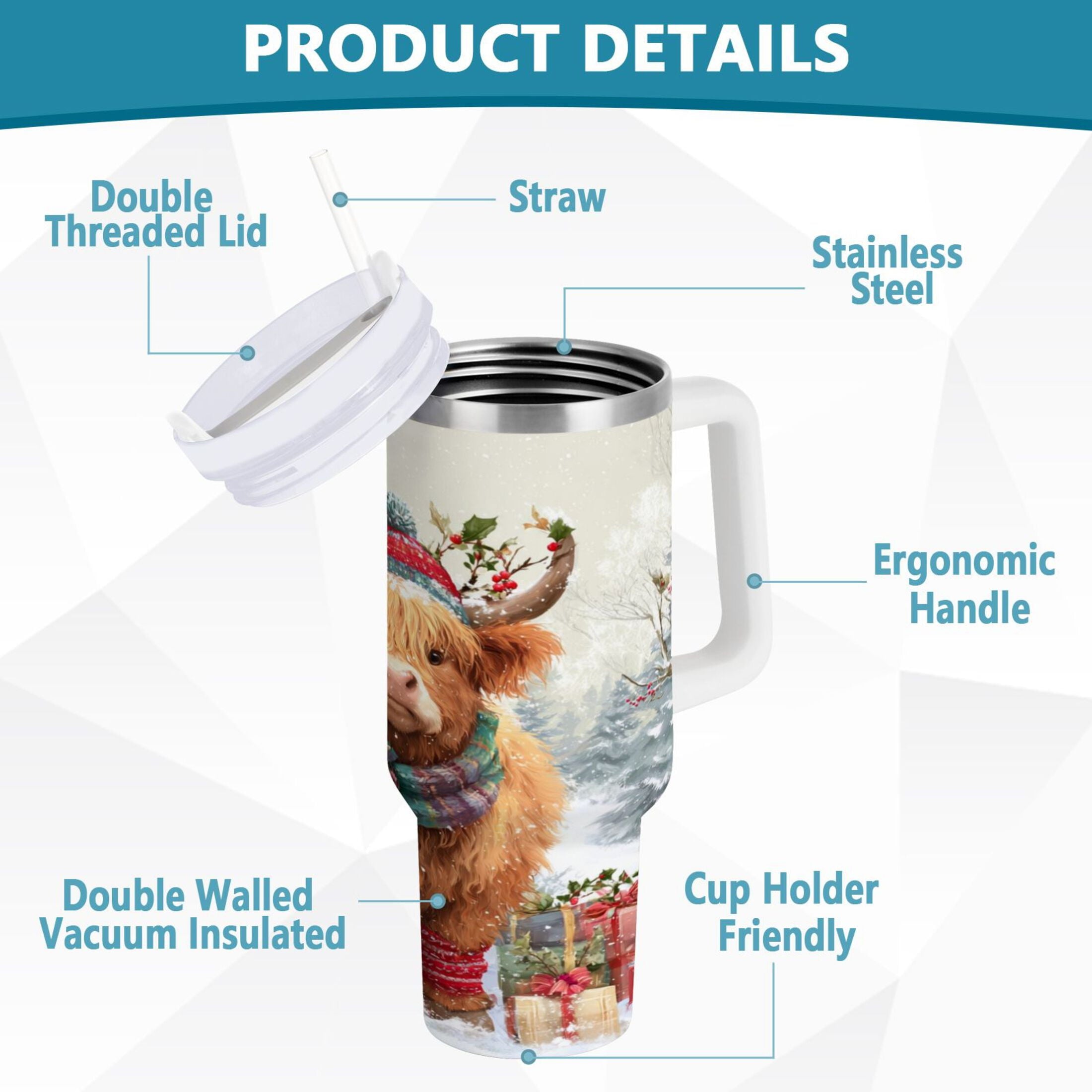 30 oz Insulated Stainless Steel Tumbler Double Wall Stainless Steel Tumbler with 2-Way Drinking Cow Wearing Christmas Hat QK74