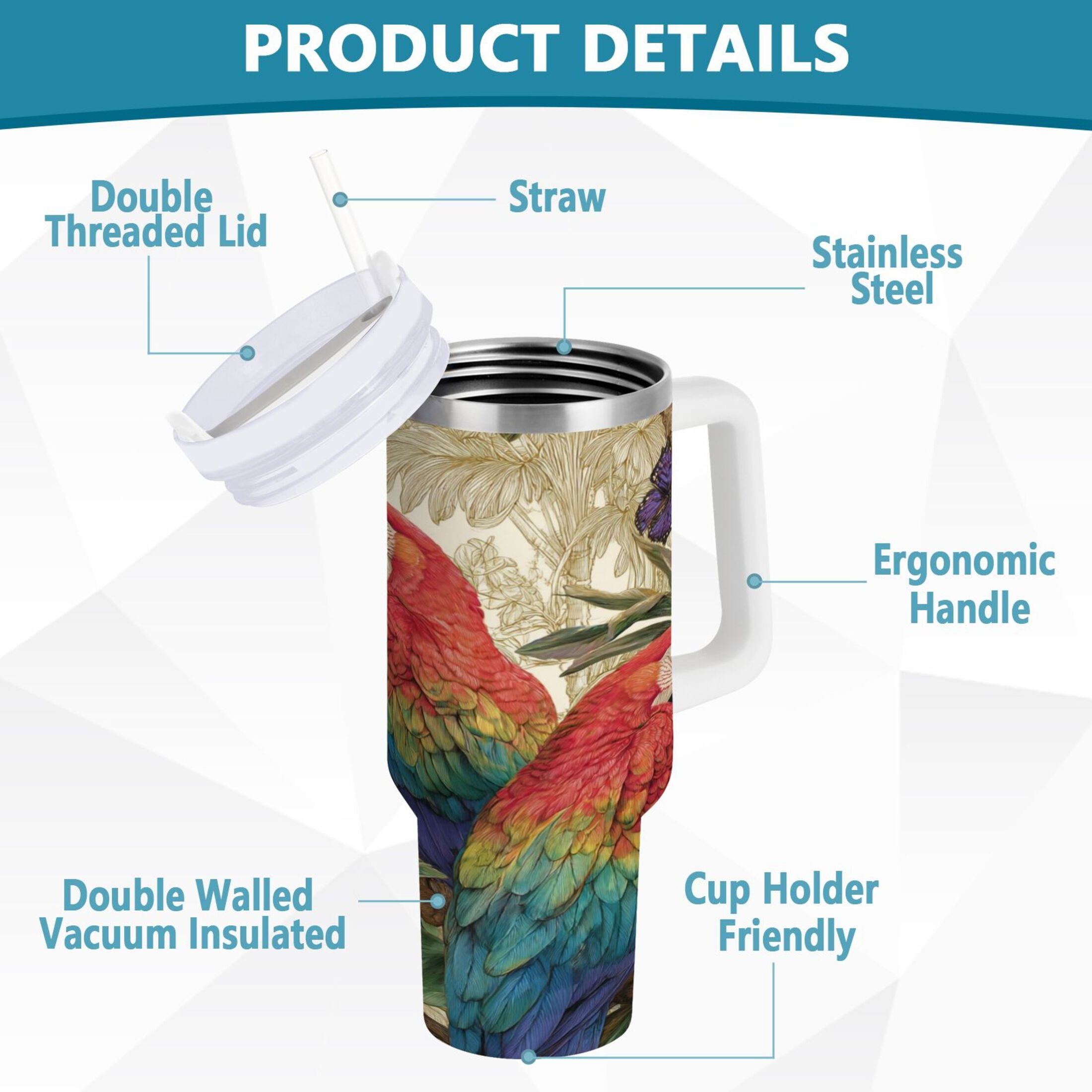 30 oz Insulated Stainless Steel Tumbler Double Wall Stainless Steel Tumbler with 2-Way Drinking Colorful Beautiful Parrots WZXZ