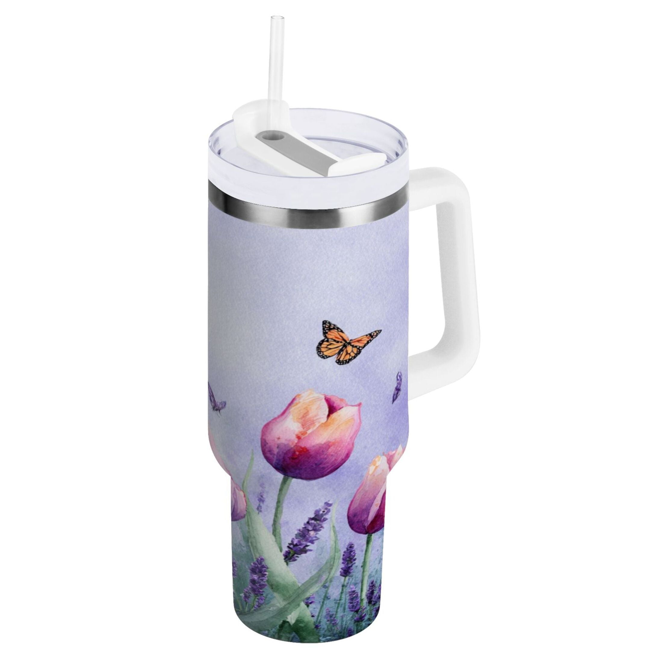 30 oz Insulated Stainless Steel Tumbler Double Wall Stainless Steel Tumbler with 2-Way Drinking Watercolor Tulips and Lavender 3VPC