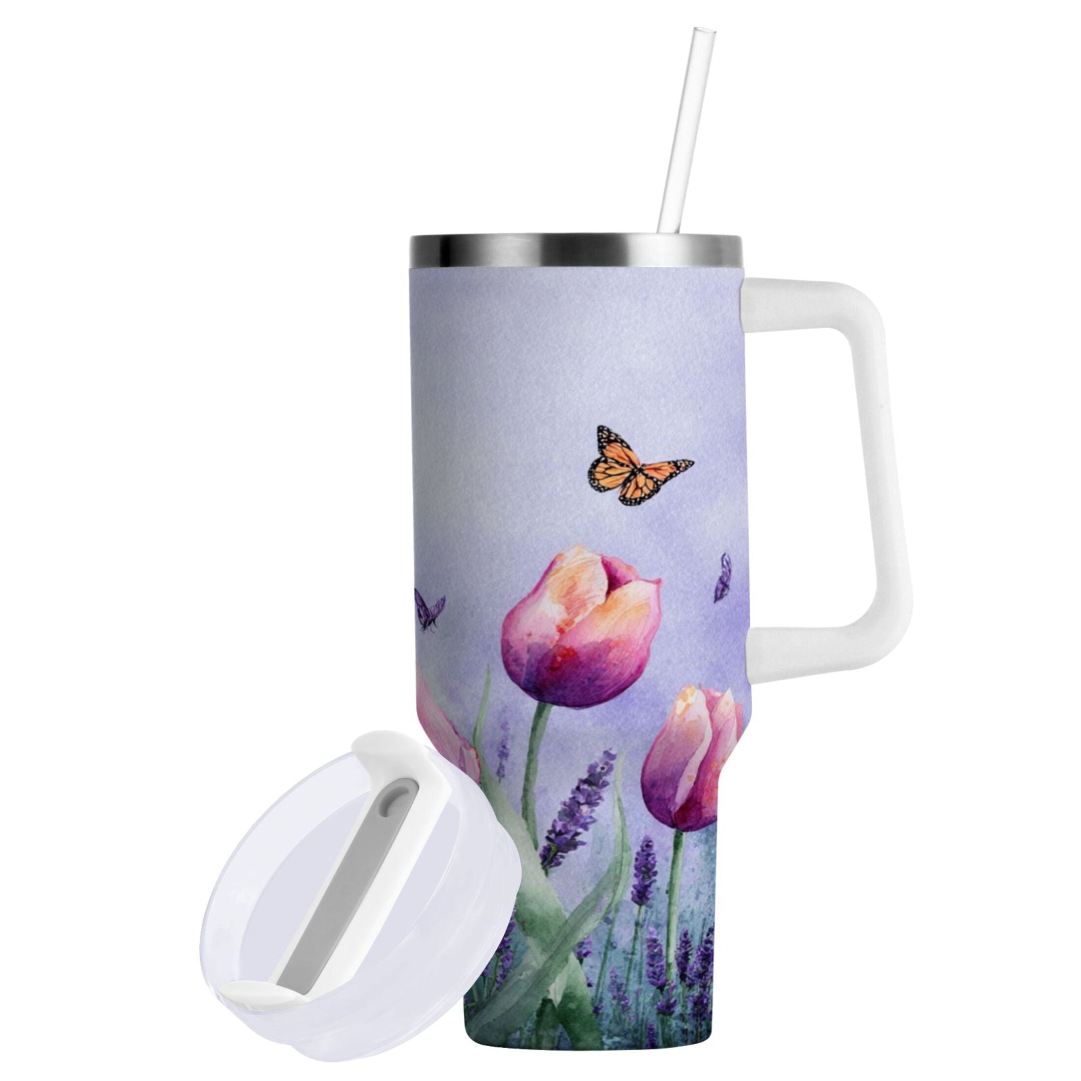 30 oz Insulated Stainless Steel Tumbler Double Wall Stainless Steel Tumbler with 2-Way Drinking Watercolor Tulips and Lavender 3VPC