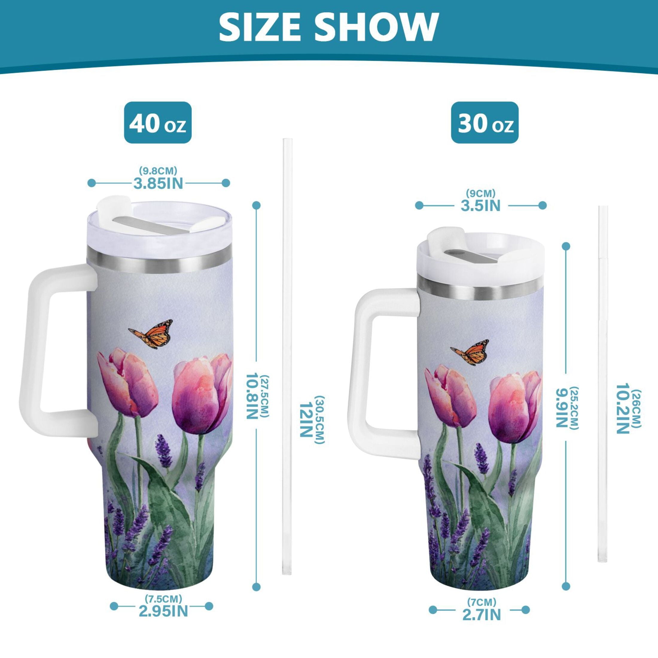 30 oz Insulated Stainless Steel Tumbler Double Wall Stainless Steel Tumbler with 2-Way Drinking Watercolor Tulips and Lavender 3VPC
