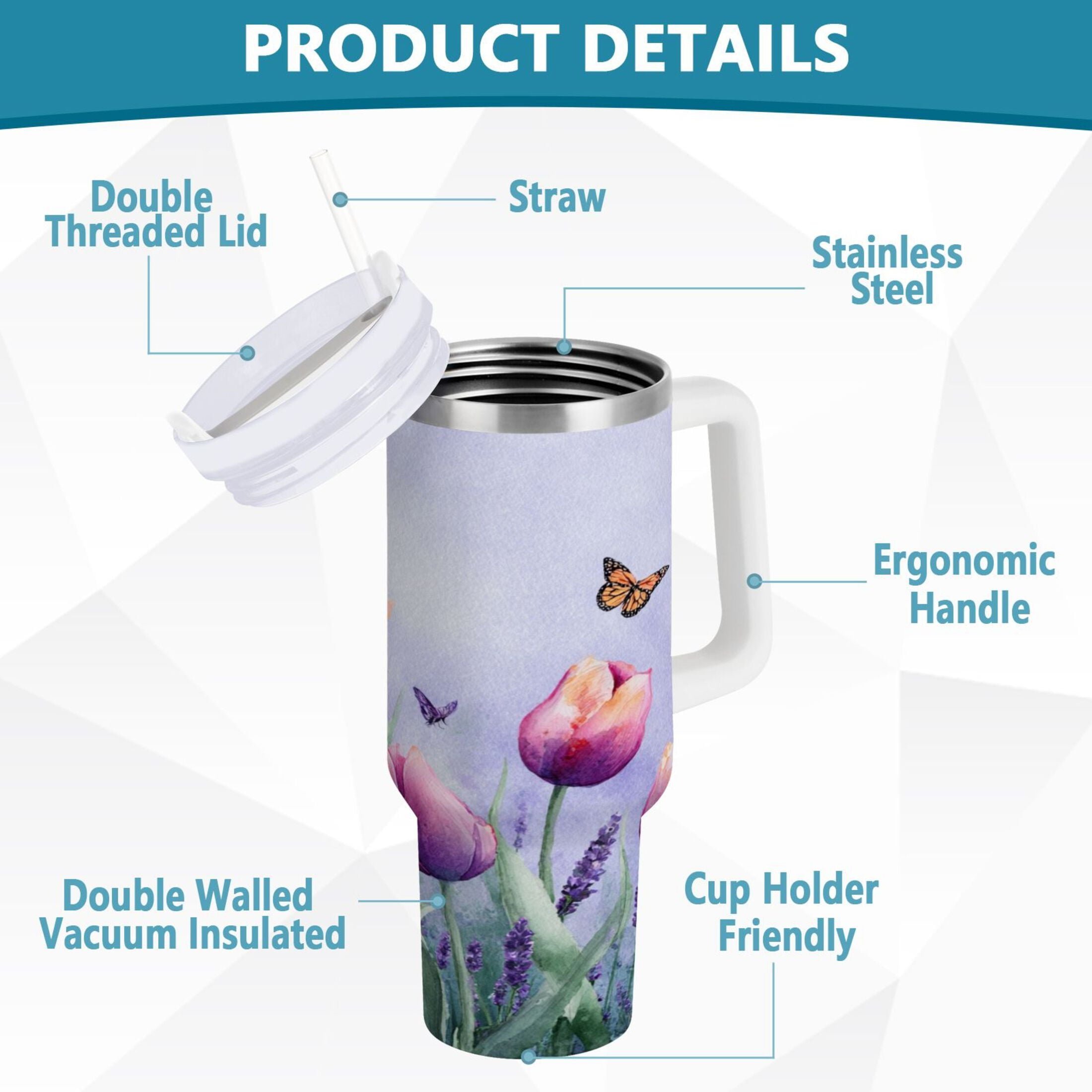 30 oz Insulated Stainless Steel Tumbler Double Wall Stainless Steel Tumbler with 2-Way Drinking Watercolor Tulips and Lavender 3VPC