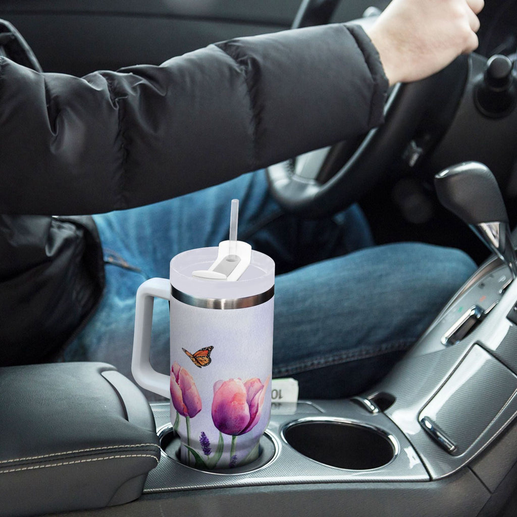 30 oz Insulated Stainless Steel Tumbler Double Wall Stainless Steel Tumbler with 2-Way Drinking Watercolor Tulips and Lavender 3VPC