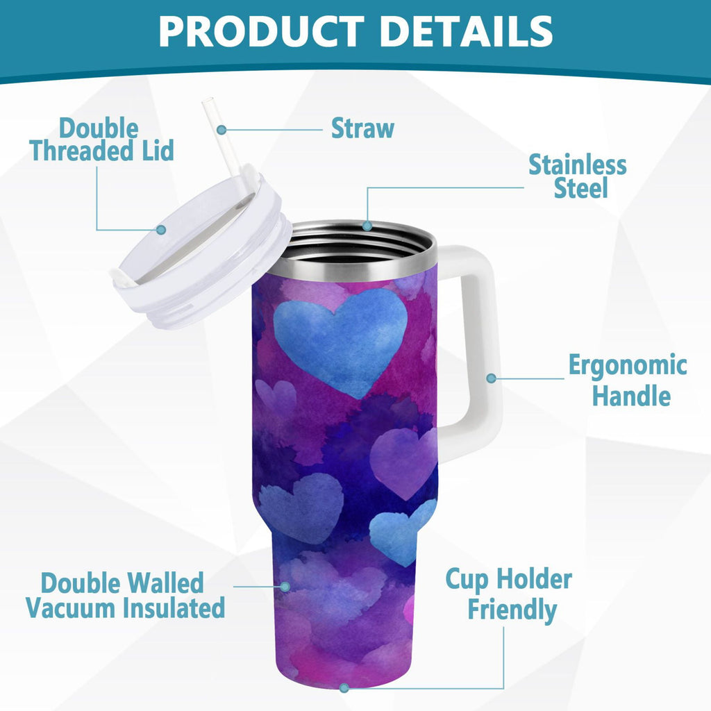 30 oz Insulated Stainless Steel Tumbler Double Wall Stainless Steel Tumbler with 2-Way Drinking Indigo and Violet Hearts C3GZ