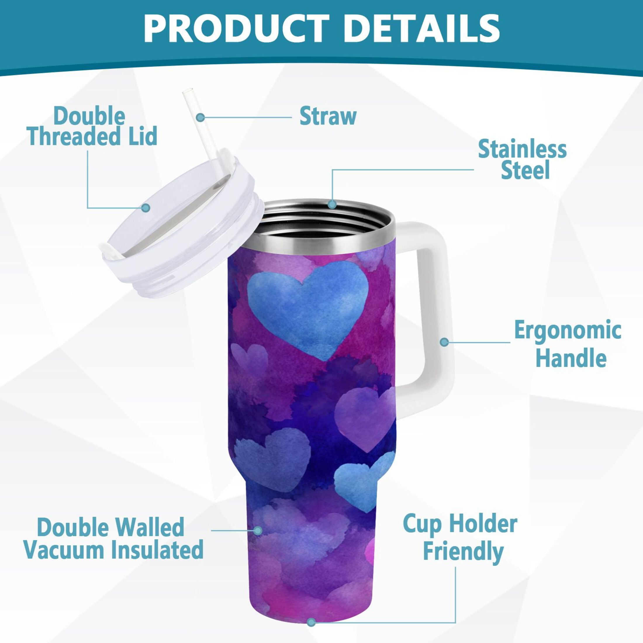30 oz Insulated Stainless Steel Tumbler Double Wall Stainless Steel Tumbler with 2-Way Drinking Indigo and Violet Hearts C3GZ