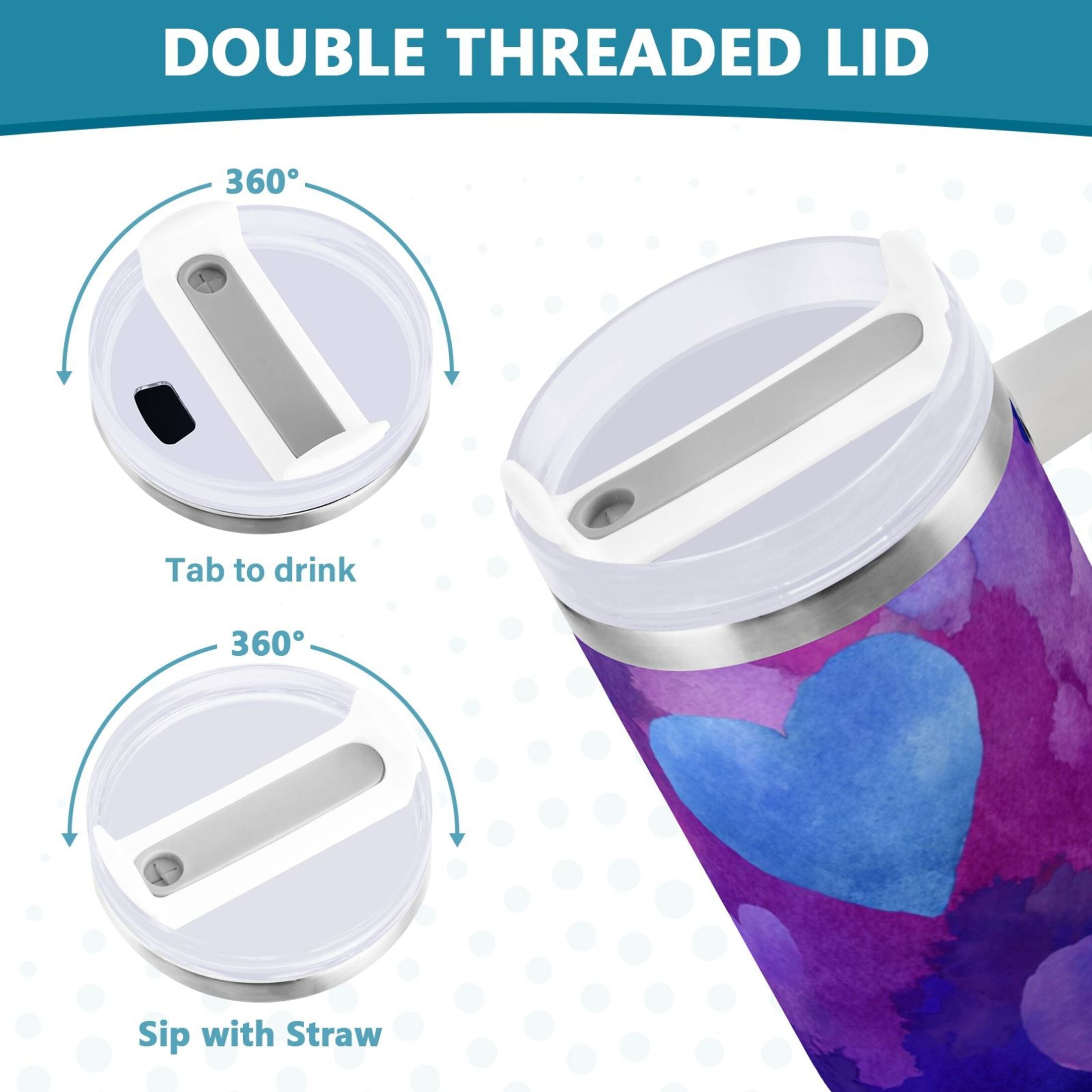 30 oz Insulated Stainless Steel Tumbler Double Wall Stainless Steel Tumbler with 2-Way Drinking Indigo and Violet Hearts C3GZ