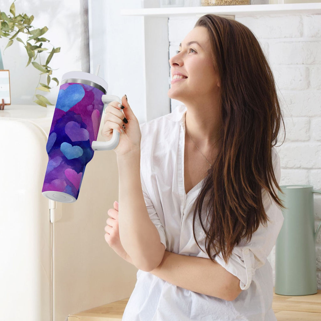 30 oz Insulated Stainless Steel Tumbler Double Wall Stainless Steel Tumbler with 2-Way Drinking Indigo and Violet Hearts C3GZ