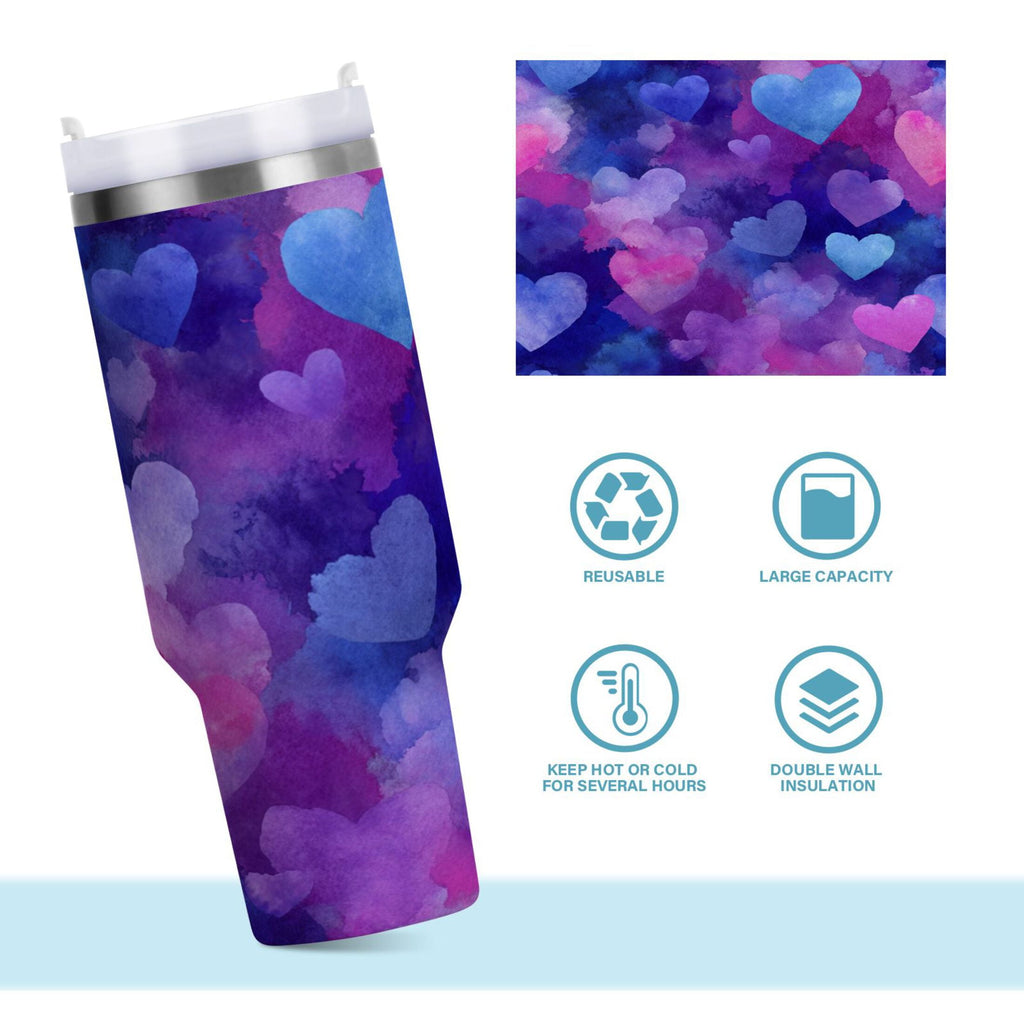 30 oz Insulated Stainless Steel Tumbler Double Wall Stainless Steel Tumbler with 2-Way Drinking Indigo and Violet Hearts C3GZ