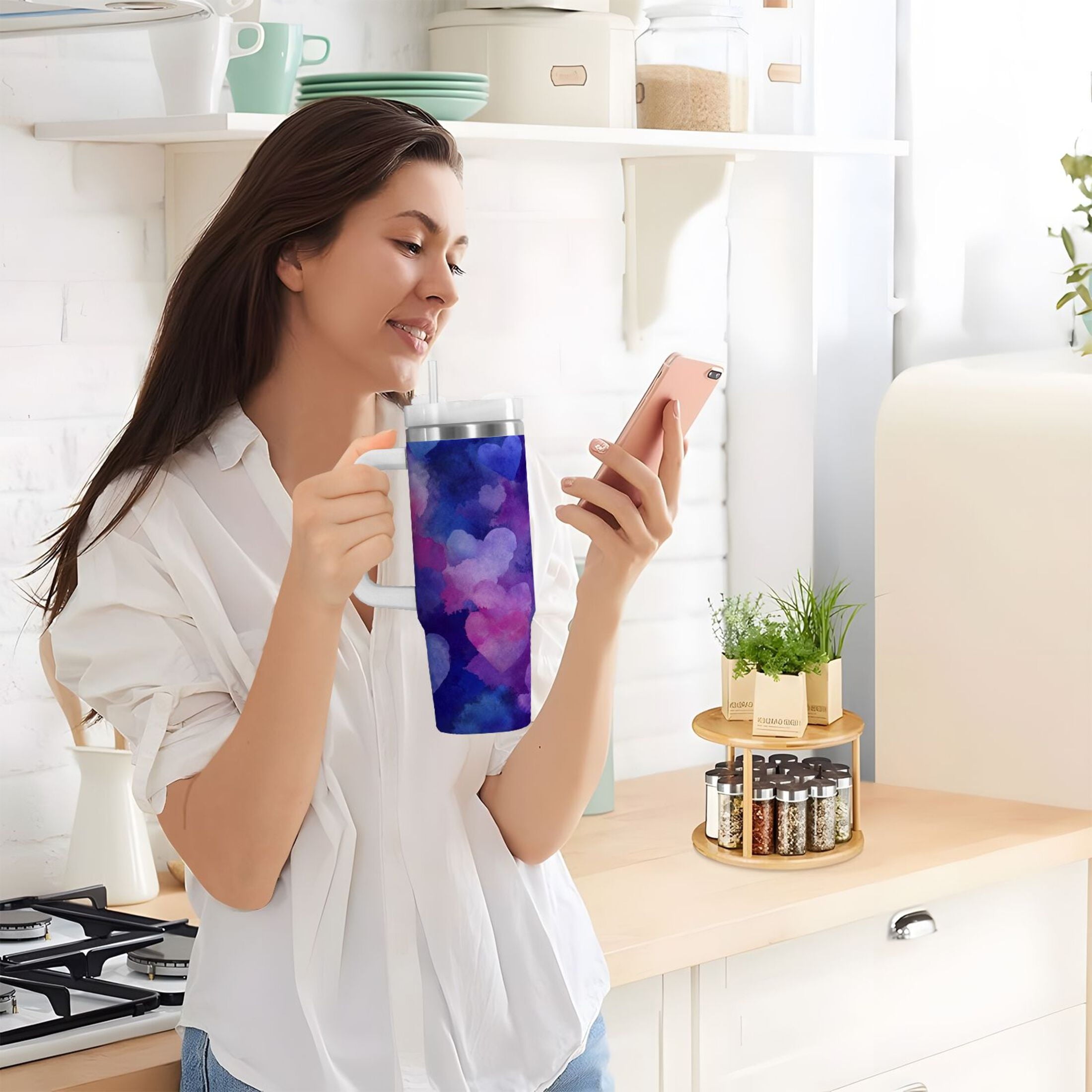 30 oz Insulated Stainless Steel Tumbler Double Wall Stainless Steel Tumbler with 2-Way Drinking Indigo and Violet Hearts C3GZ