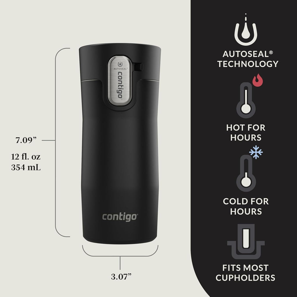 Contigo AUTOSEAL West Loop Vacuum-Insulated Stainless Steel Travel Mug with Easy-Clean Lid, 12oz, Matte Black OTN6